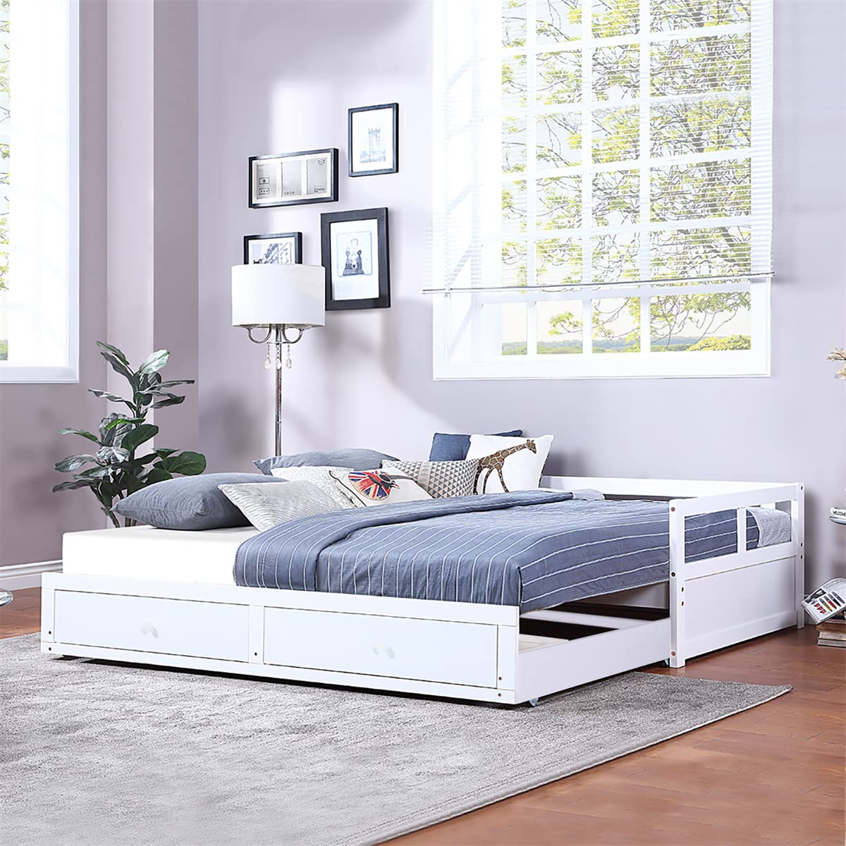 Buy MYSHION Single Bed with Pull Out Bed Wooden Daybed with Trundle Bed