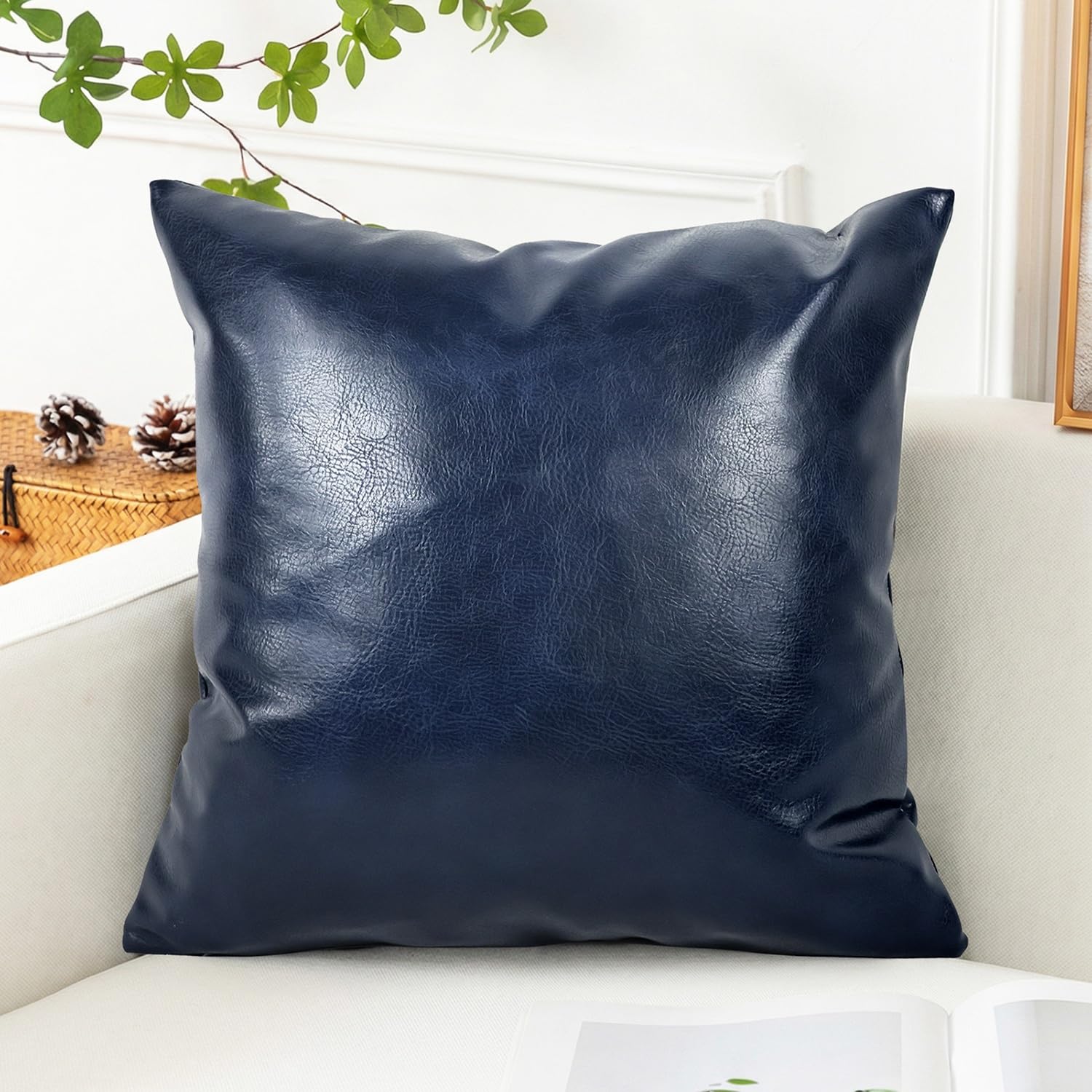 ZEaink Faux Leather Sofa Cushion Pillow Cover 40x40 /45x45/50x50 cm Waterproof Throw Pillow Cover with Zipper Modern Decorative Pillow Cases for Sofa Couch Bedroom Living Room(Navy Blue,30x50 cm)