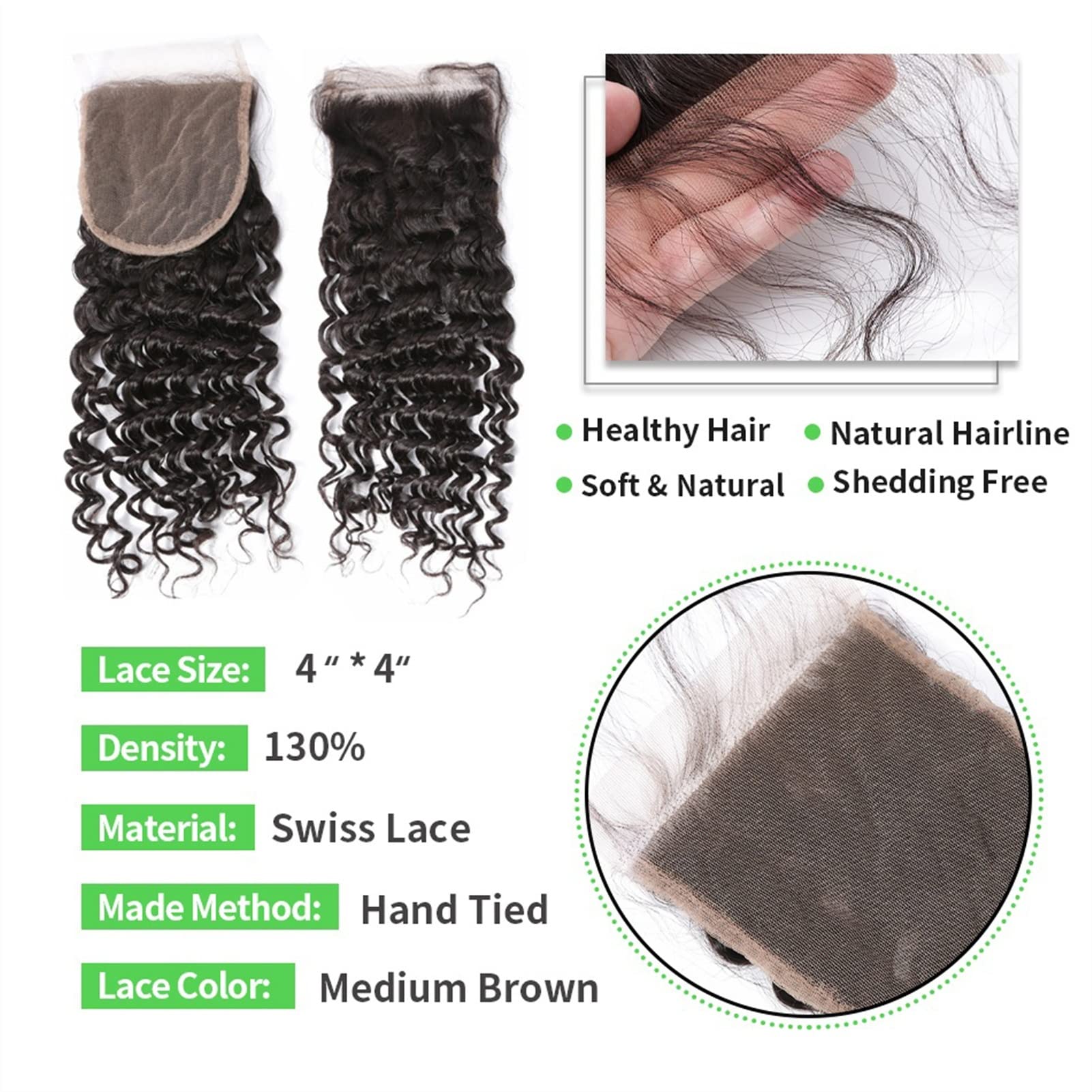 TOMYEUS Human Hair Bundles 20-80 cm, wiązka głębokich fal, z zamknięciem koronkowym, brazylijskie, kręcone, ludzkie włosy, fala wodna, 3 wiązki 10 cm x 10 cm, splot, 130% gęstości