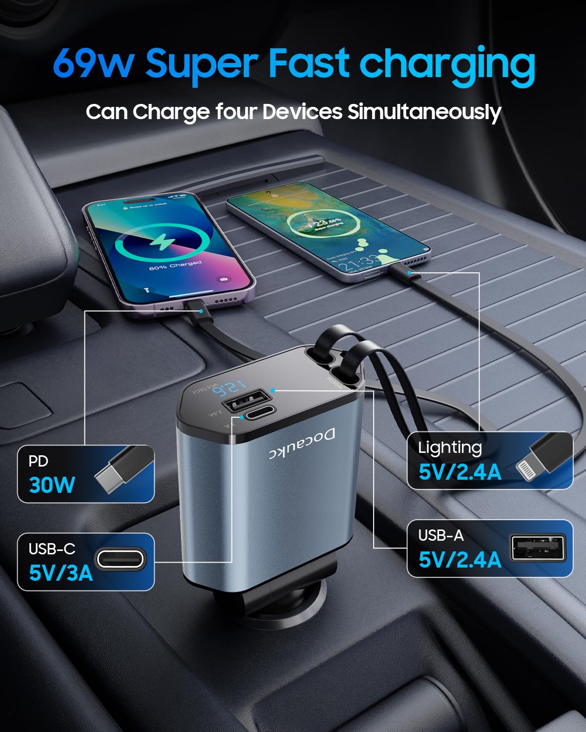 Wysuwana ładowarka samochodowa do iPhone'a 17, 69 W USB C 4 w 1, szybkie ładowanie, akcesoria do samochodów ciężarowych, adapter samochodowy, prezent dla mężczyzn i kobiet, iPhone 17 Pro Max Air 16 15