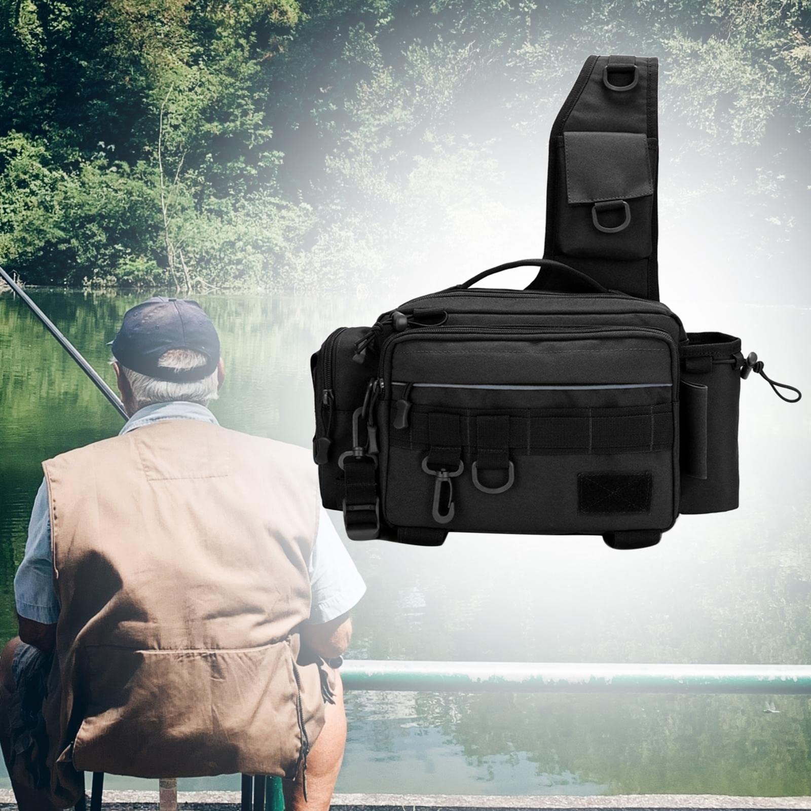 Zaino da Pesca, Borsa Portaoggetti Tattica da Cintura, Tracolla Imbottita E Traspirante, Porta Canna da Pesca, Tessuto in Nylon 600D, Adatto per Viagg