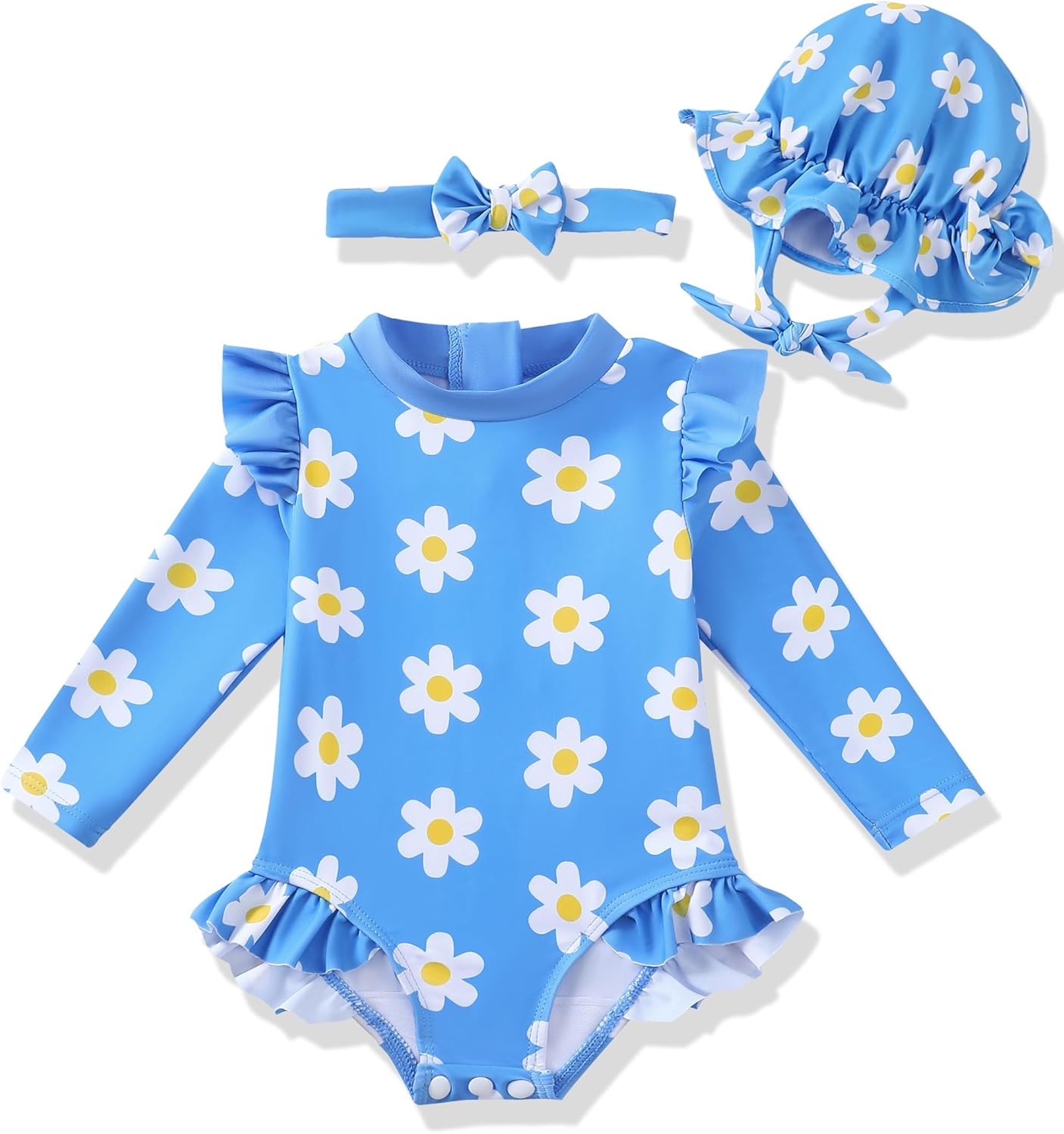Renotemy Baby Girls Swimsuit Infant Bathing Suit with Hat Zipper Long Sleeve One-Piece Rash Guard Swimwear for Girl 3Month-3T