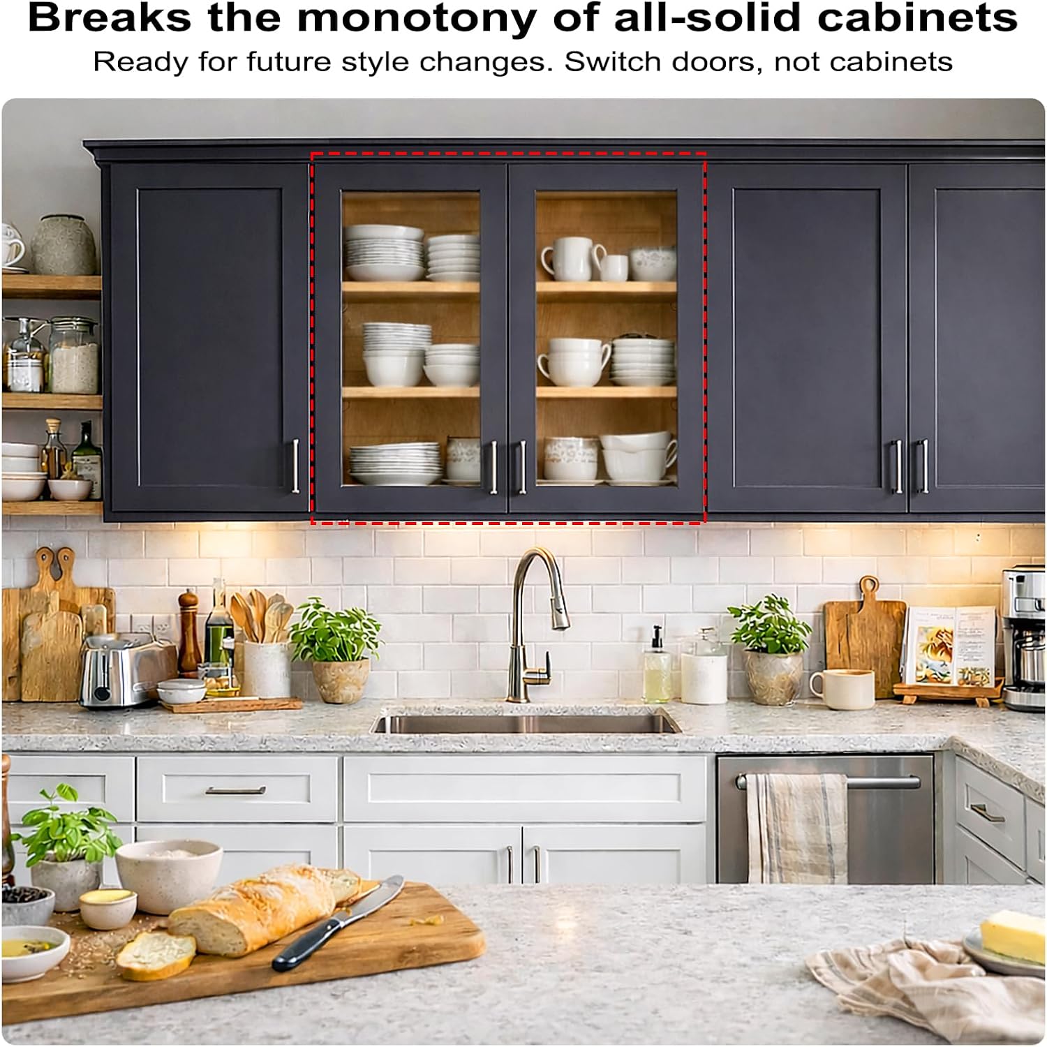 36" Kitchen Wall Cabinet with 2 Complete Door Sets, Includes Solid Shaker Doors & Clear Glass Doors, 2 Soft-Close Hinges, 3 Adjustable Shelves, RTA (Graphite Shaker, 36" W x 30" H x 12" D)