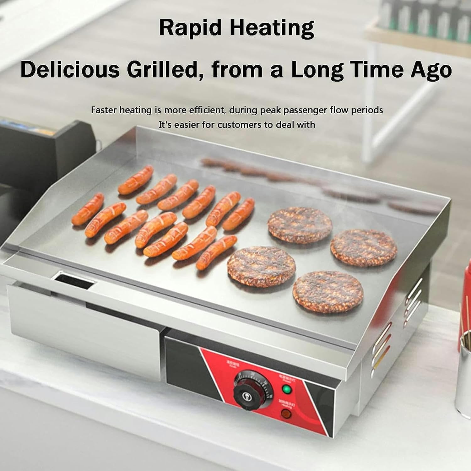 Commercial Large Electric Countertop Flat Top Griddle, Non-Stick Restaurant Teppanyaki Grill Kitchen Grill Counter Adjustable Temperature Control 122°F-572°F for Home Kitchen Barbecue