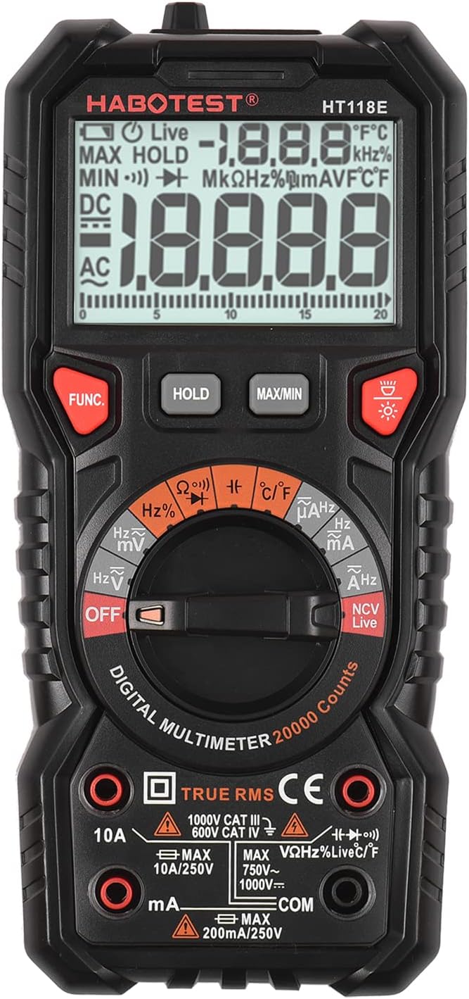HABOTEST HT118E Digital Multimeter Auto Range Multi-meter 20,000 Counts True RMS Measuring AC/DC Voltage & Current Resistance Capacitance Frequency Temperature Continuity Duty MAX/MIN Mesaurement