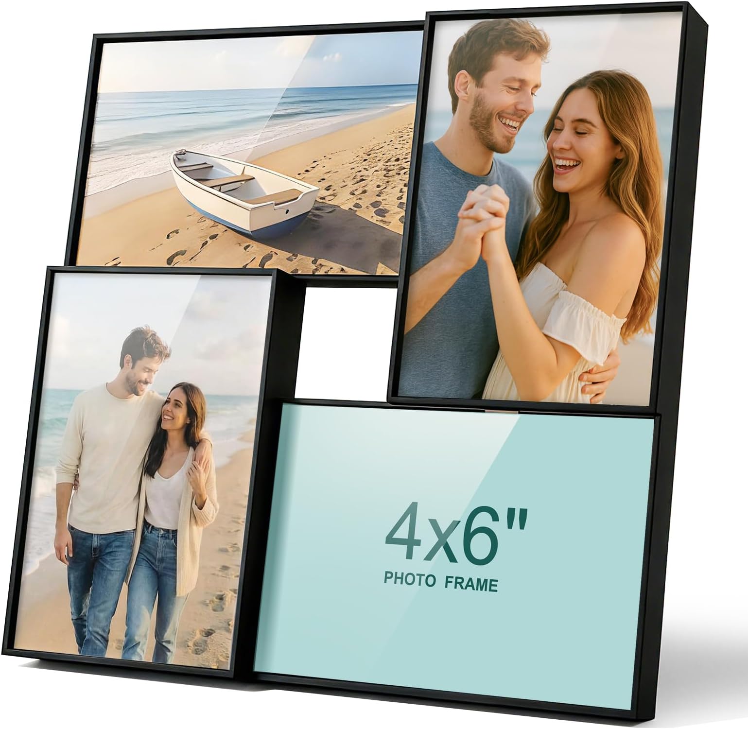 6x4 Black Multi Photo Frames, 4 Opening Collage Picture Frame for 4x6 inch Photos, 10x15 cm Small Family Frames, Plastic and Plexiglass, Tabletop and Wall Mounting