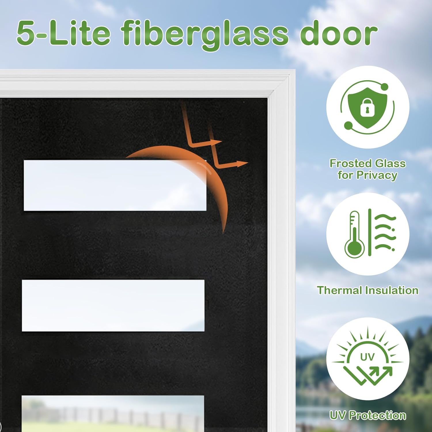 36" x 80" Fiberglass Entry Door, Modern Front Door with Vinyl Frame & Brickmould, Black Finished Knock-Down Fiberglass Door, Mounted 5-Lite Frosted Glass, Left Hand Inswing Exterior Door for Home