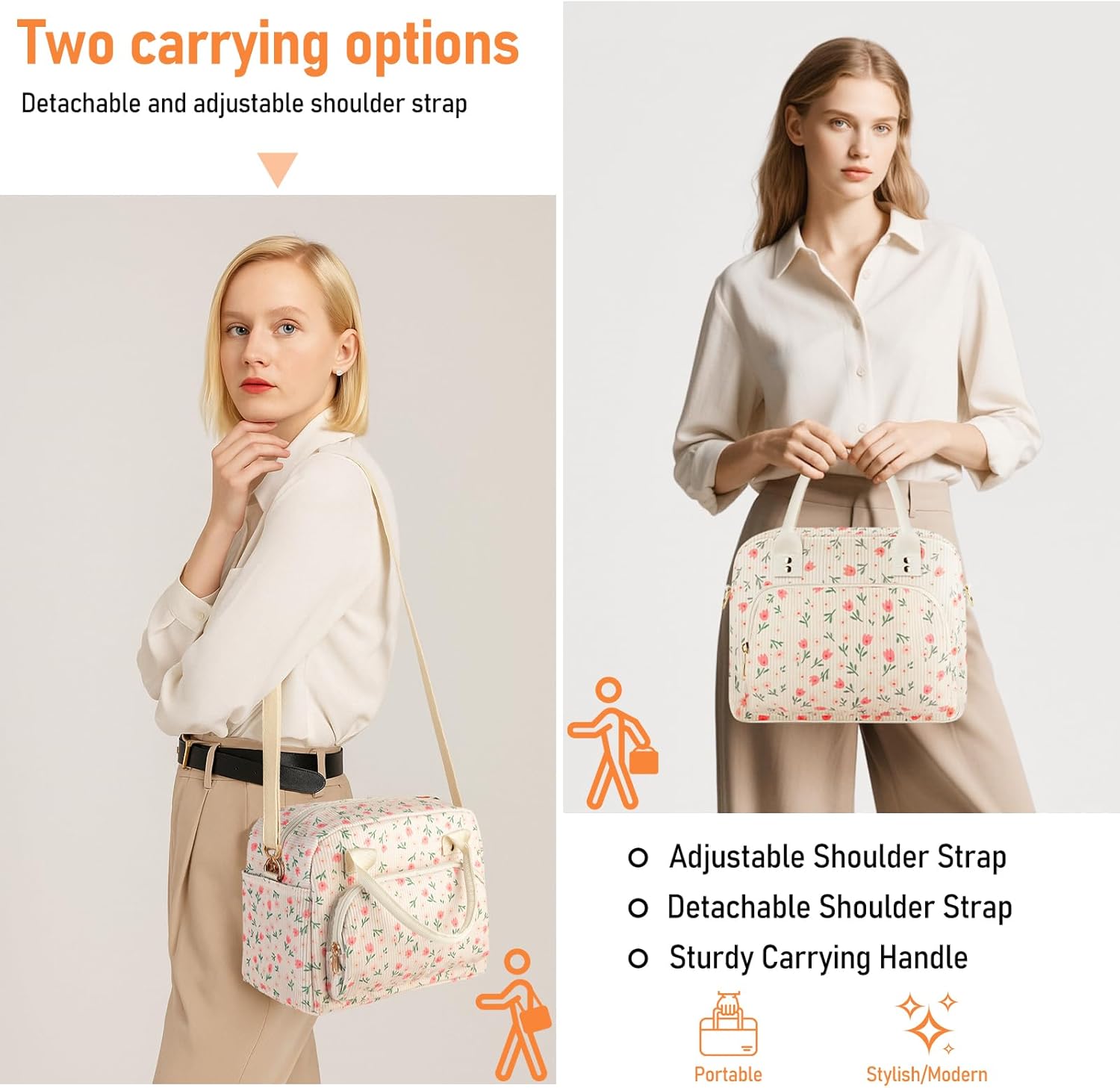 Lunch Bag Large Insulated Lunch Box for Women Men Adult Cute Pink Floral Lunchbox Corduroy Lunch Bags Boxes Pail with Shoulder Strap for Work Mom Picnic Office Travel 11.4×6.8×9.1 inches 11.5L Beige - Image 3