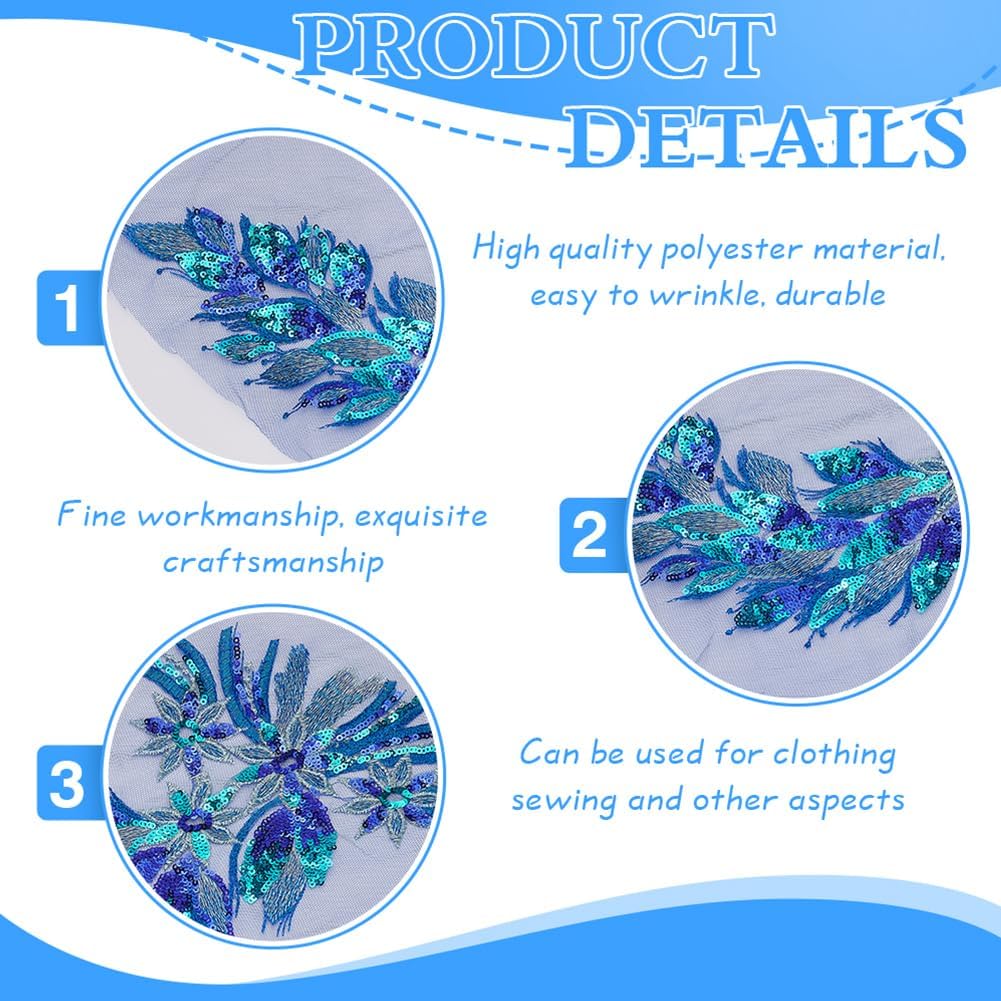 MAYJOYDIY 2Pcs Blue Lace Sequins Embroidered Patches Sew on Embroidered Lace Applique Flower Sequins Lace Appliques for Wedding Dress Sewing Garment Decor Clothing Decoration