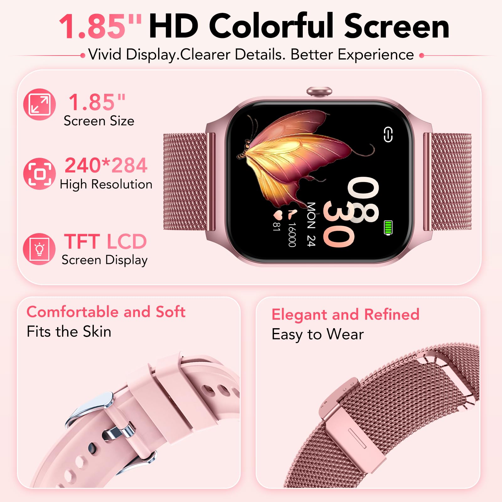 Reloj Inteligente Mujer con Llamadas Bluetooth y Asistente IA, Whatsapp Notificaciones,1.85" HD Smartwatch Mujer con SpO2/Pulsómetro/Monitor de Sueño,120+ Modos Deportes para iPhone Android,2 Correas