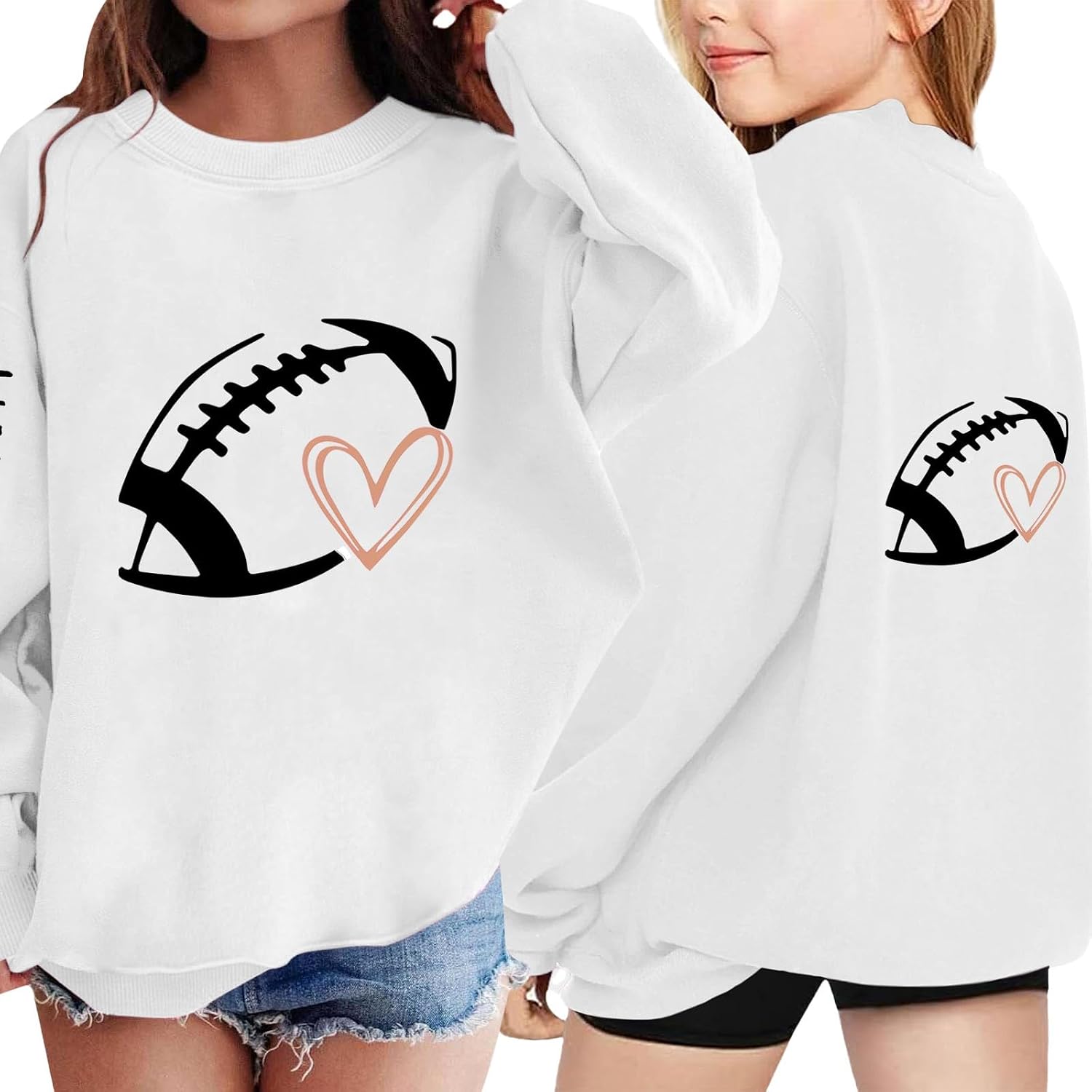 Girls Football Oversized Sweatshirt Cute Heart Print Crew Neck Casual Pullover Long Sleeve Athletic Fall Hoodie Teen