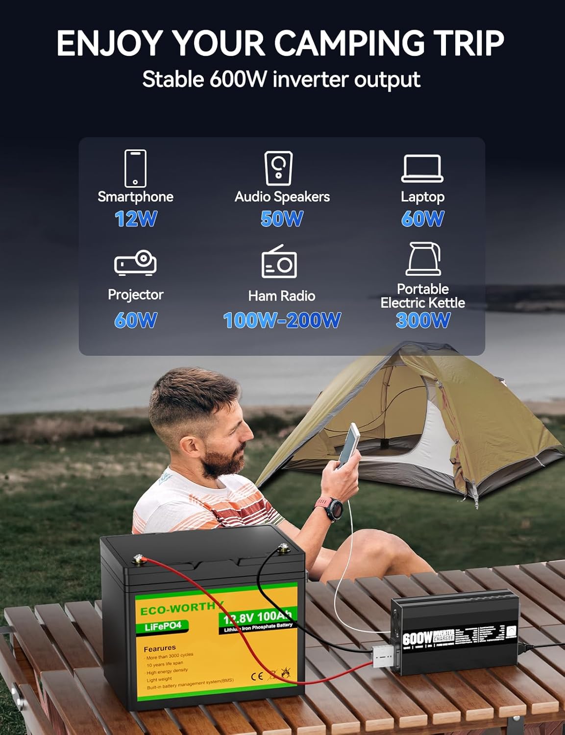 ECO-WORTHY 600W Inverter Charger, 600W Pure Sine Wave Inverter & 30A LiFePO4 Battery Charger with 20ms UPS, DC 12V to AC 110V, Output Surge 1200W, for RV Lithium Batteries Roadtrip Essentials