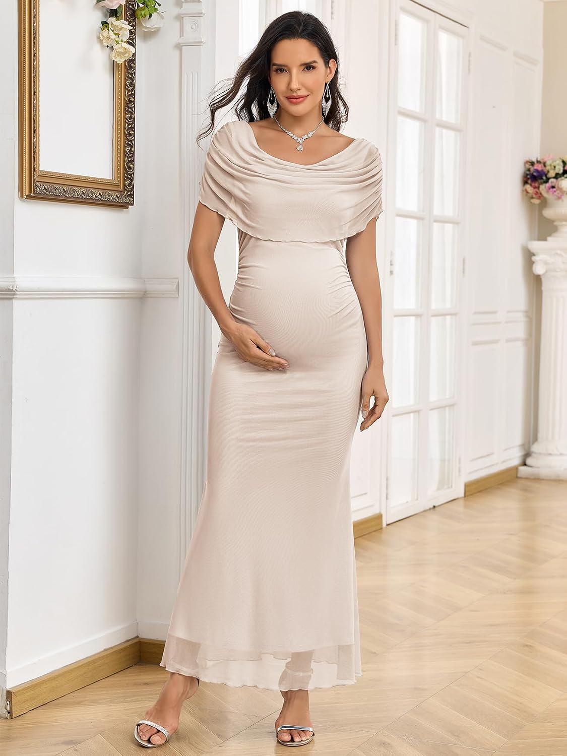 AISWI Cowl Neck Mesh Maternity Maxi Dress Ruched Bodycon Mermaid Sleeveless Pregnancy Dresses Baby Shower Photoshoot