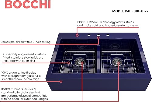 Miniatura 4 de BOCCHI Nuova Delantal de 34 pulgadas, 5050 con rejilla inferior protectora y coladores en azul zafiro