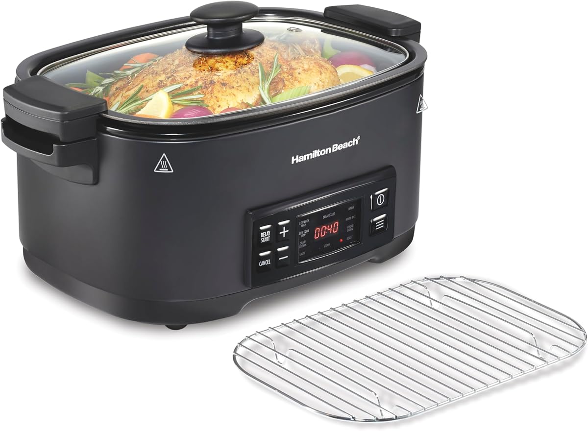 9-in-1 6 Quart Programmable Slow Cooker | Sear, Brown, Rice, Steam, Sauté, Roast, Delay Start & Keep Warm Functions | Nonstick PFAS-Free Dishwasher Safe Crock | Black