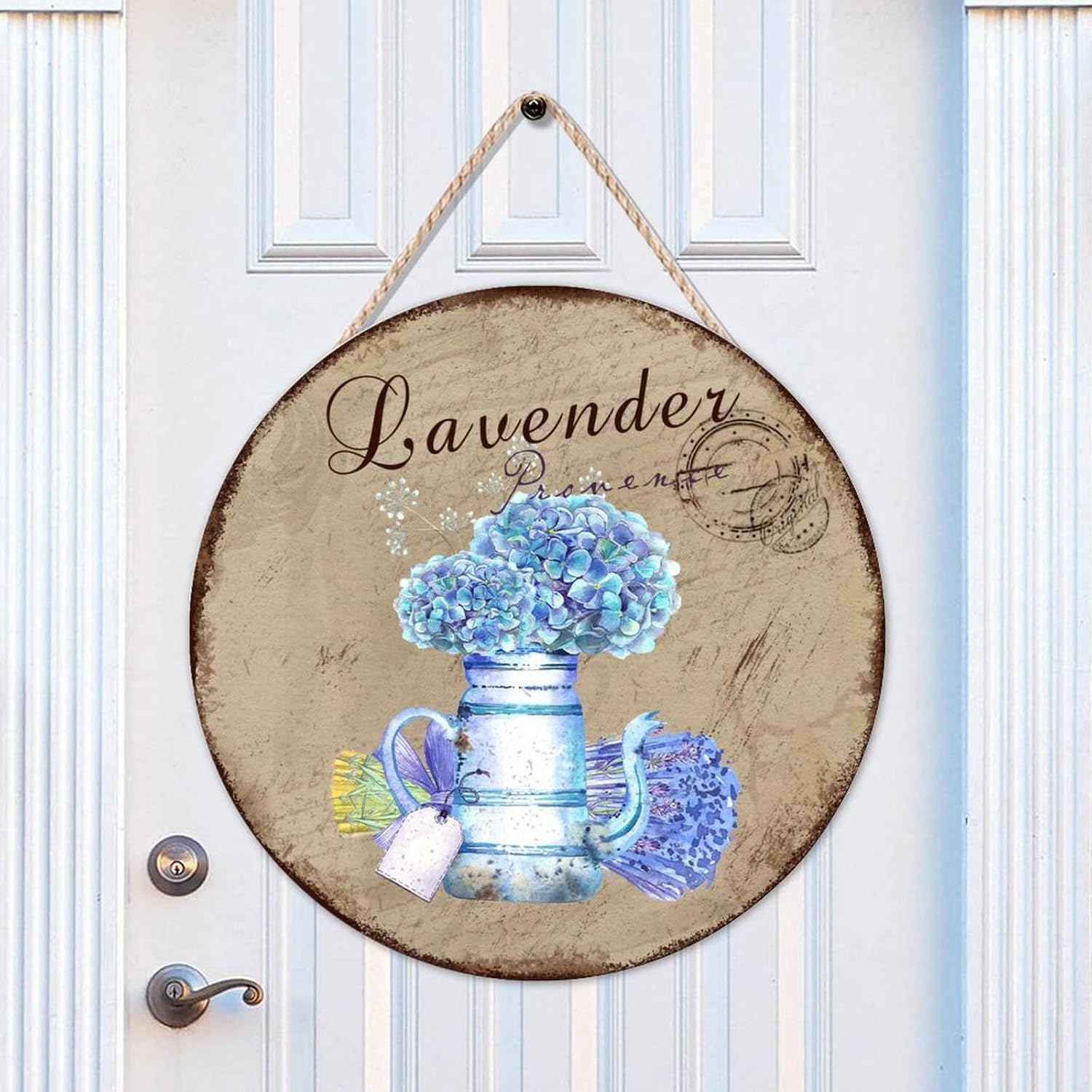 Lavender Wood Door Sign, Custom Calligraphy Front Door Sign, 16x16in Flower Wall Hanging Sign Plaque for Front Door Farmhouse Porch Housewarming Gifts
