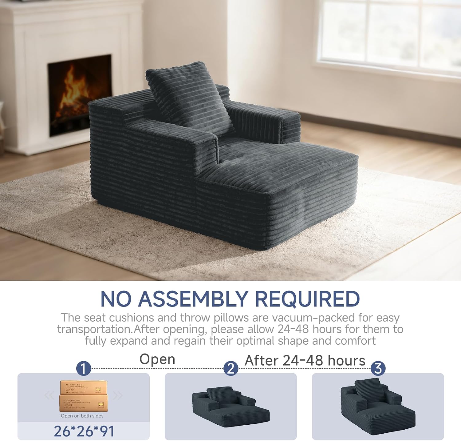 45'' Chaise Lounge Chair Indoor, Corduroy Upholstered Boneless Sofa Bed, Deep Seat Sleeper Couch Reading Chairs, Small Comfy Cloud Sofas Couches for Living Room, Bedroom, Movie Room (Dark Grey)
