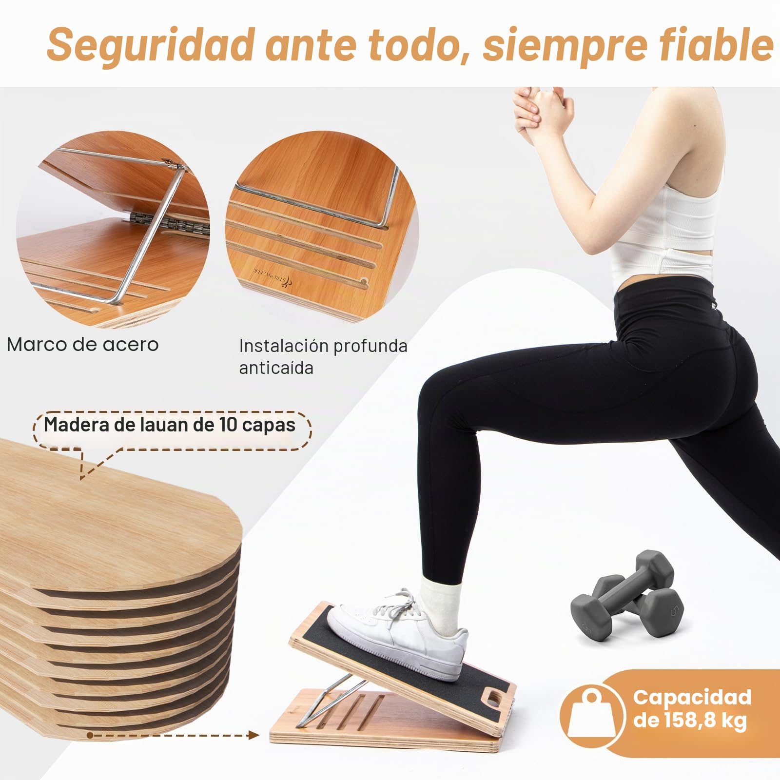 StrongTek Tabla inclinada de madera portátil de 33 cm de ancho, inclinación de 5 niveles (15°-35°), mango de agarre inferior, apto para principiantes y rehabilitación, superficie antideslizante para