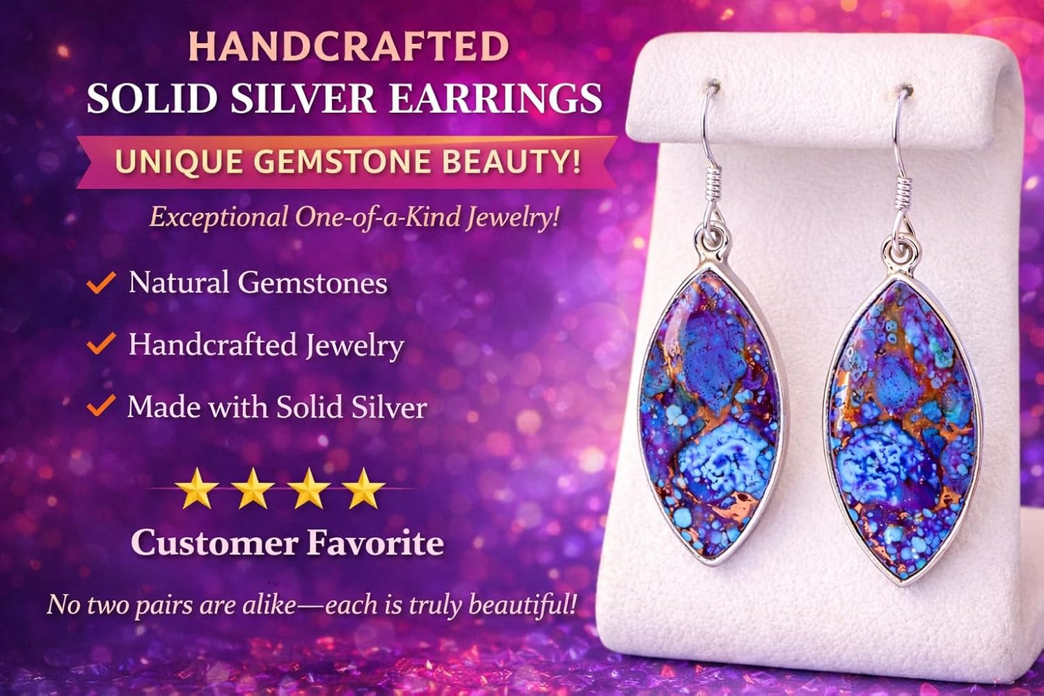 Handmade Purple & Blue Copper Turquoise Drop Earrings – 925 Sterling Silver Gemstone Dangle Earrings for Women – Unique Boho Chic Jewelry Gift - Image 3