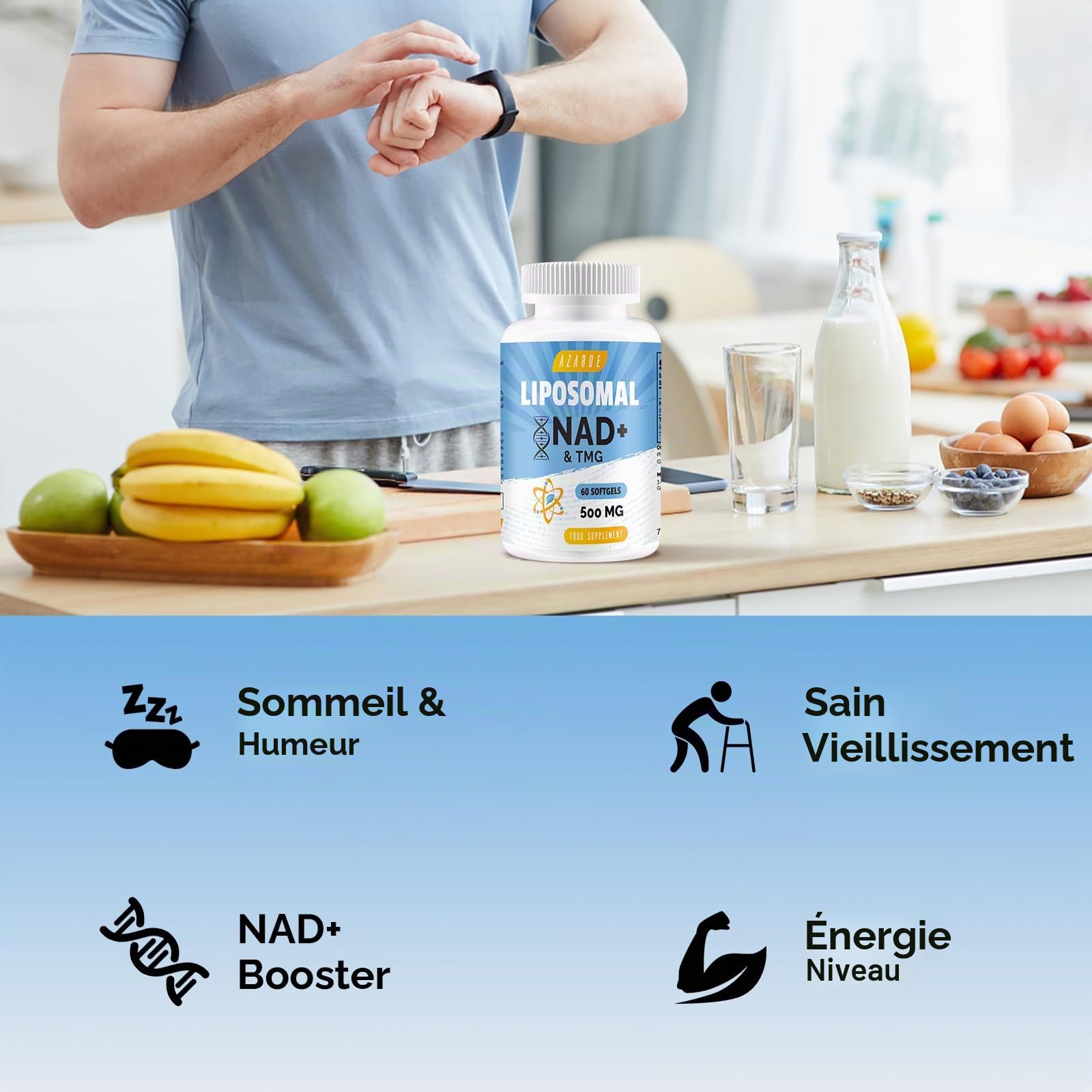Liposomales NAD+ Gélules 500 mg avec TMG 250 mg, soutient l'énergie cellulaire, 60 gélules (60 Unité (Lot de 2))