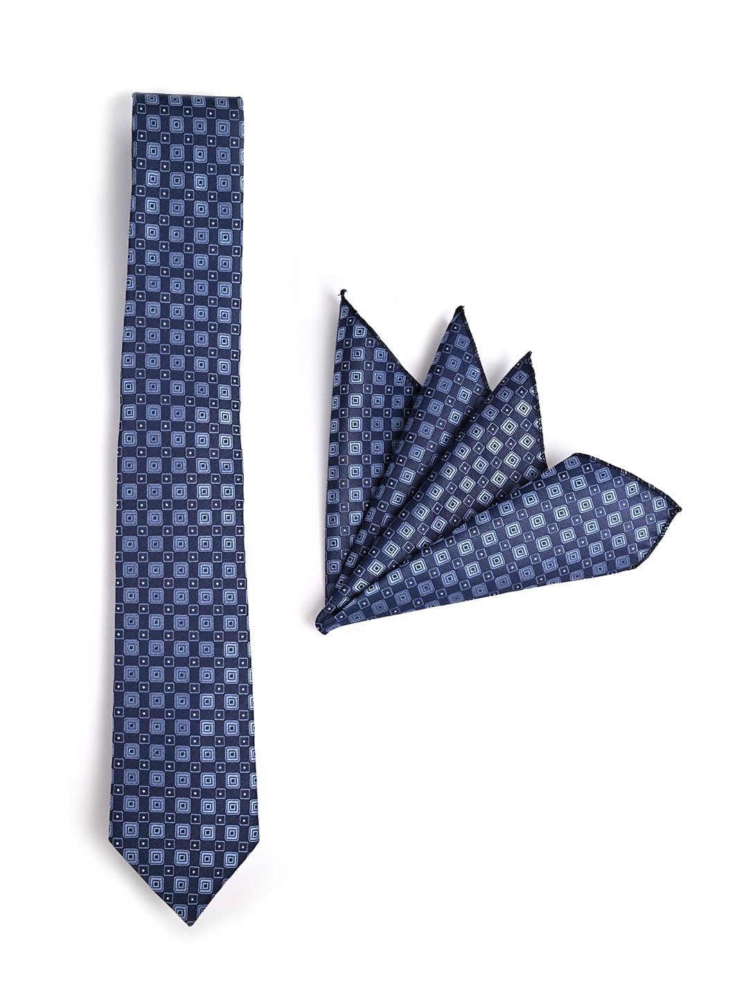 Men Microfiber Neck Blue Checked Tie With Pocket Square-image-32