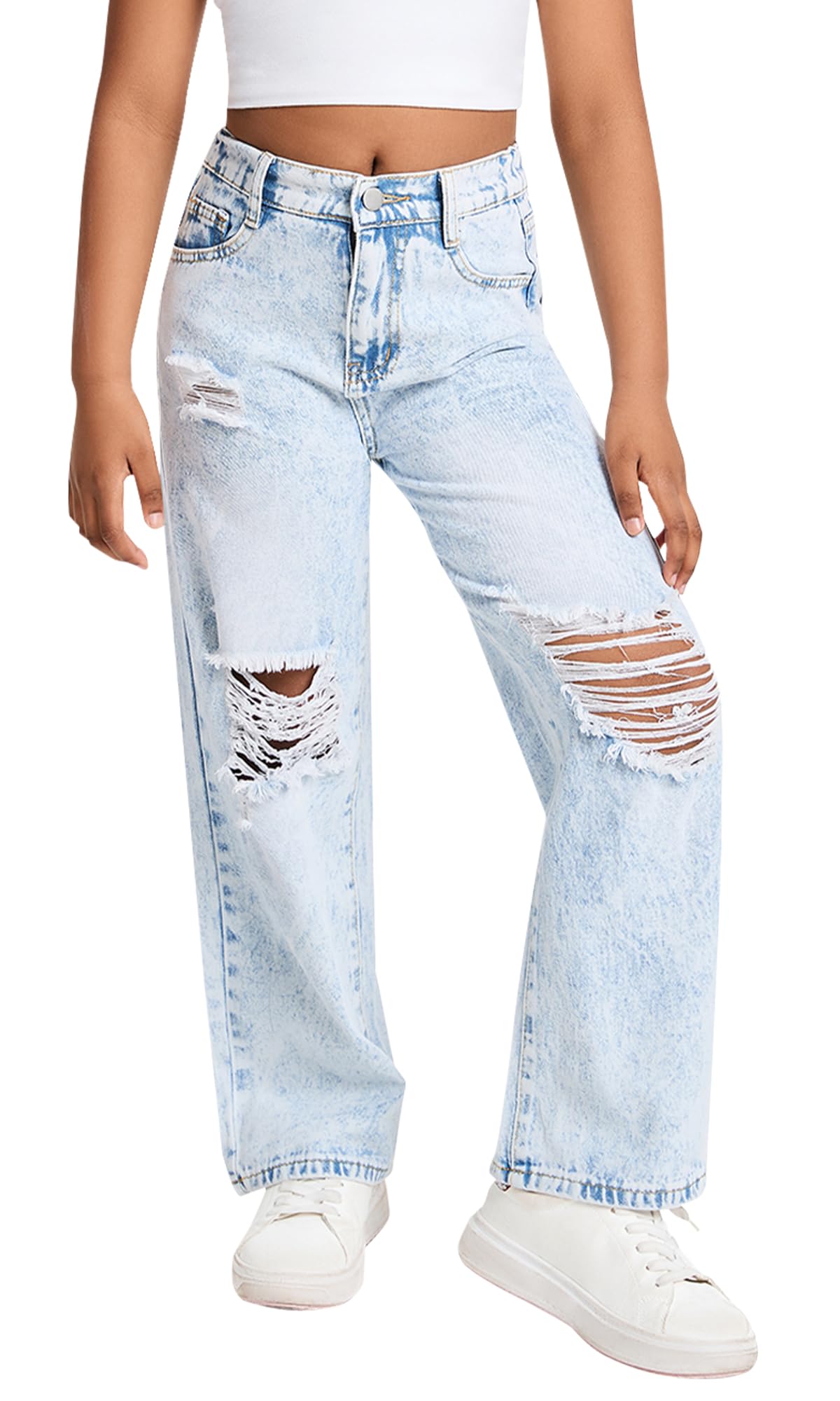 Maeau Jeans strappati a stelle/gamba larga per ragazze, pantaloni in denim, vestibilità larga, pantaloni per il tempo libero, con elastico in vita e tasche, 7-14 anni/altezza 130-160 cm