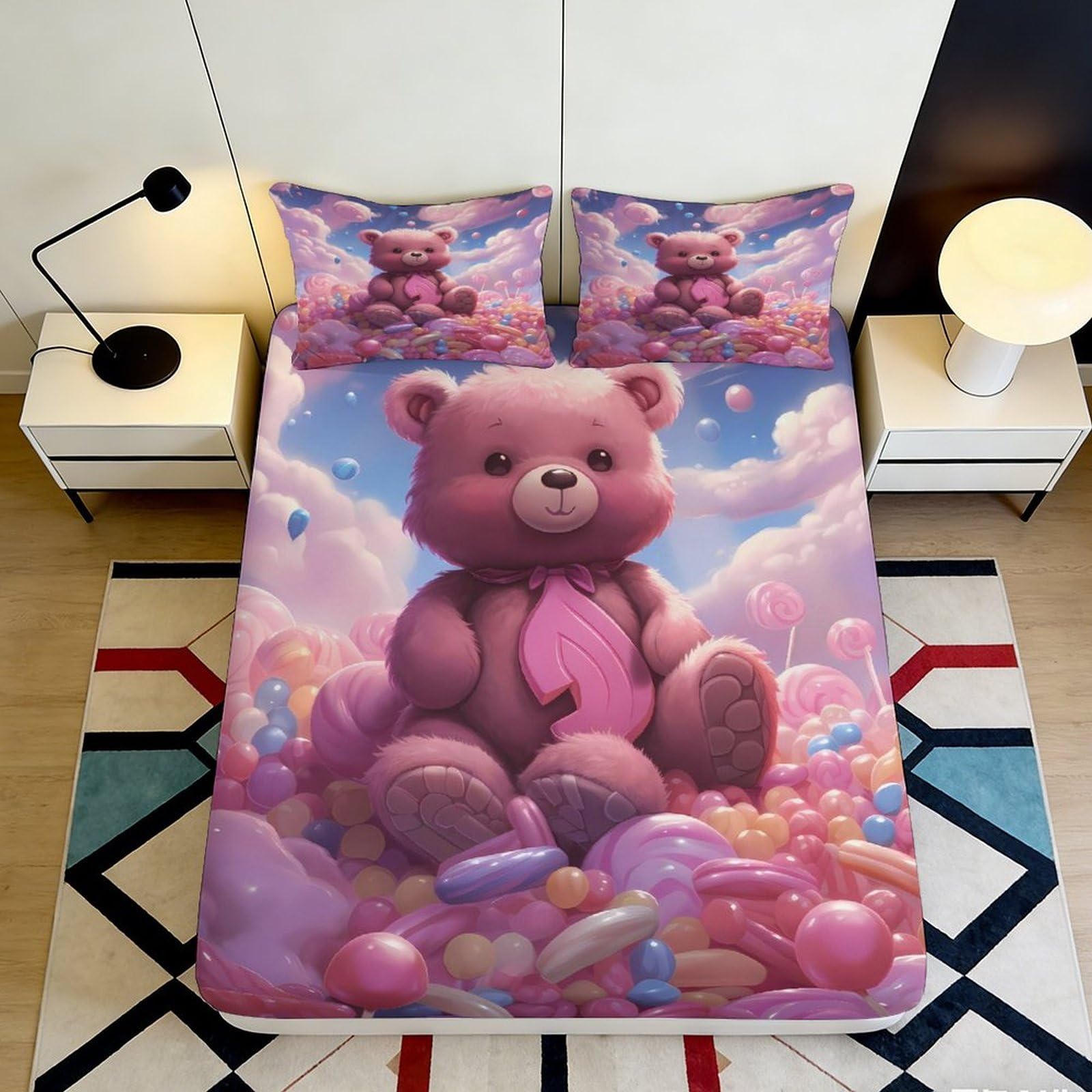 3D Printed Cute Teddy Bear Fitted Sheet Microfiber Non-Slip Deep Pocket Bedroom Bedding Set Teddy Bear Mattress Fitted Cover Wrapped Washable 200x200x25cm 90x200x25cm