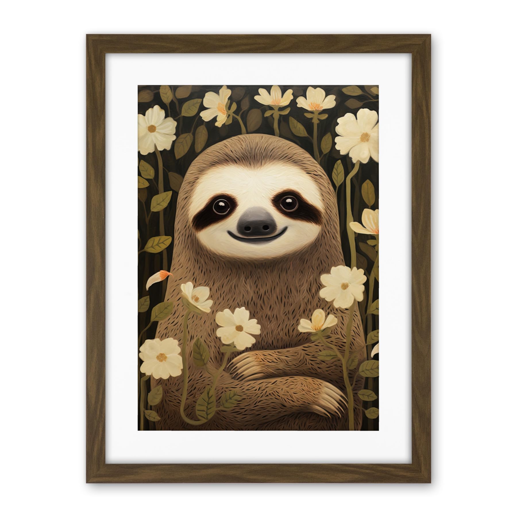 Artery8 Sloth with Jasmine and Anemone Flowers Elegant Artwork Framed Wall Art Print 18X24 Inch