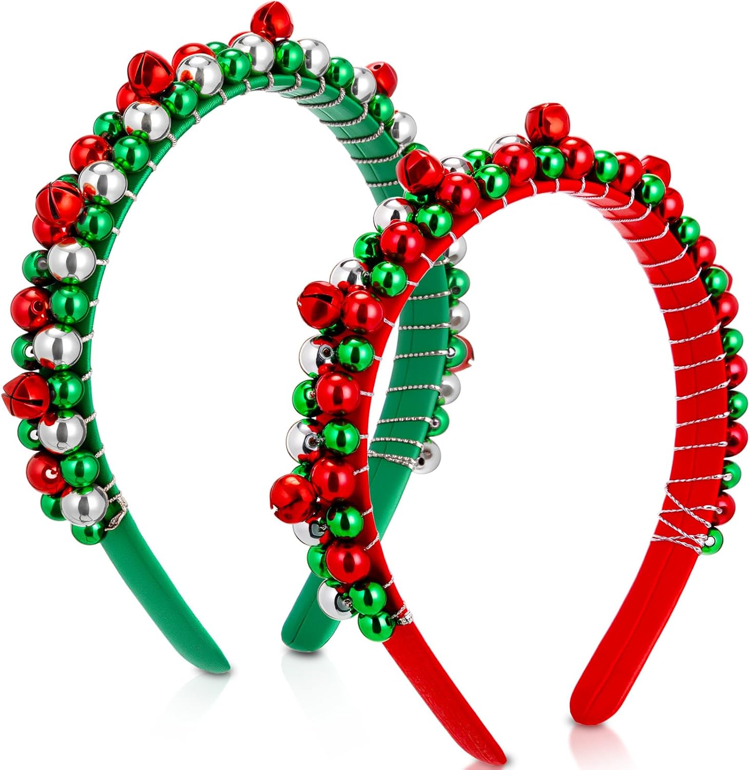 2 Pack Christmas Headband Red Green Silver Tone Christmas Holiday Bells Headbands for Women