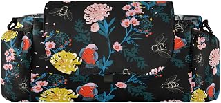 Kigai Universal Baby Stroller Organizer, Bird and Flower Detachable Stroller Caddy Accessories Bag with Insulated Cup Holder and Adjustable Straps for Diaper, Phone, Toys
