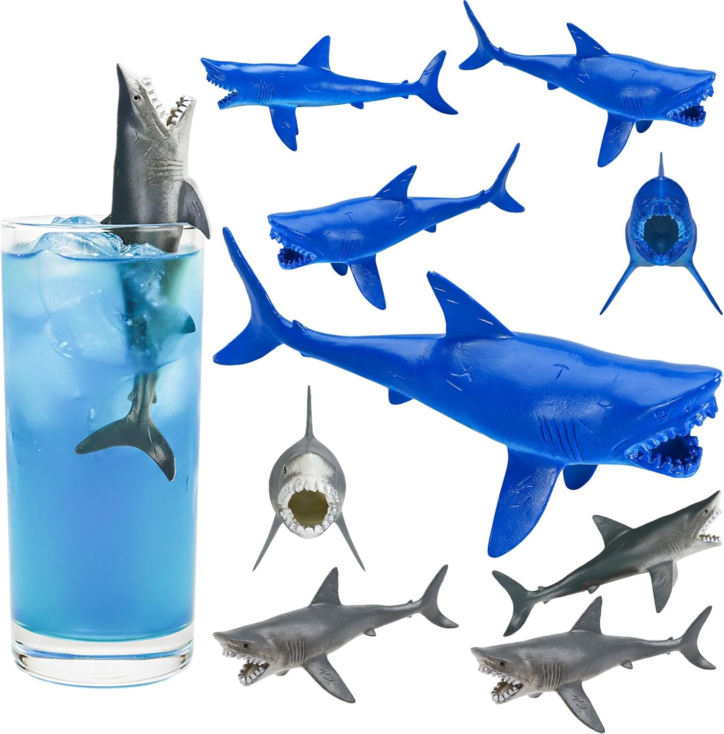 LemonRoad 24 Pcs Plastic Sharks for Drinks Shark for Shot Glass Cups Shark Theme Party Gray and Blue Figurines Decor Supplies Favors for Cocktails, Cake Toppers, Lemonade & More Educational Pool