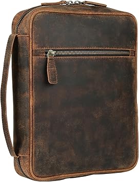 Leather Bible Cover for Men & Women Zippered Bible Case with Handle, Note & Pen Organizer Fits Large Study Bible 11.5x8.5 Inch Hunter
