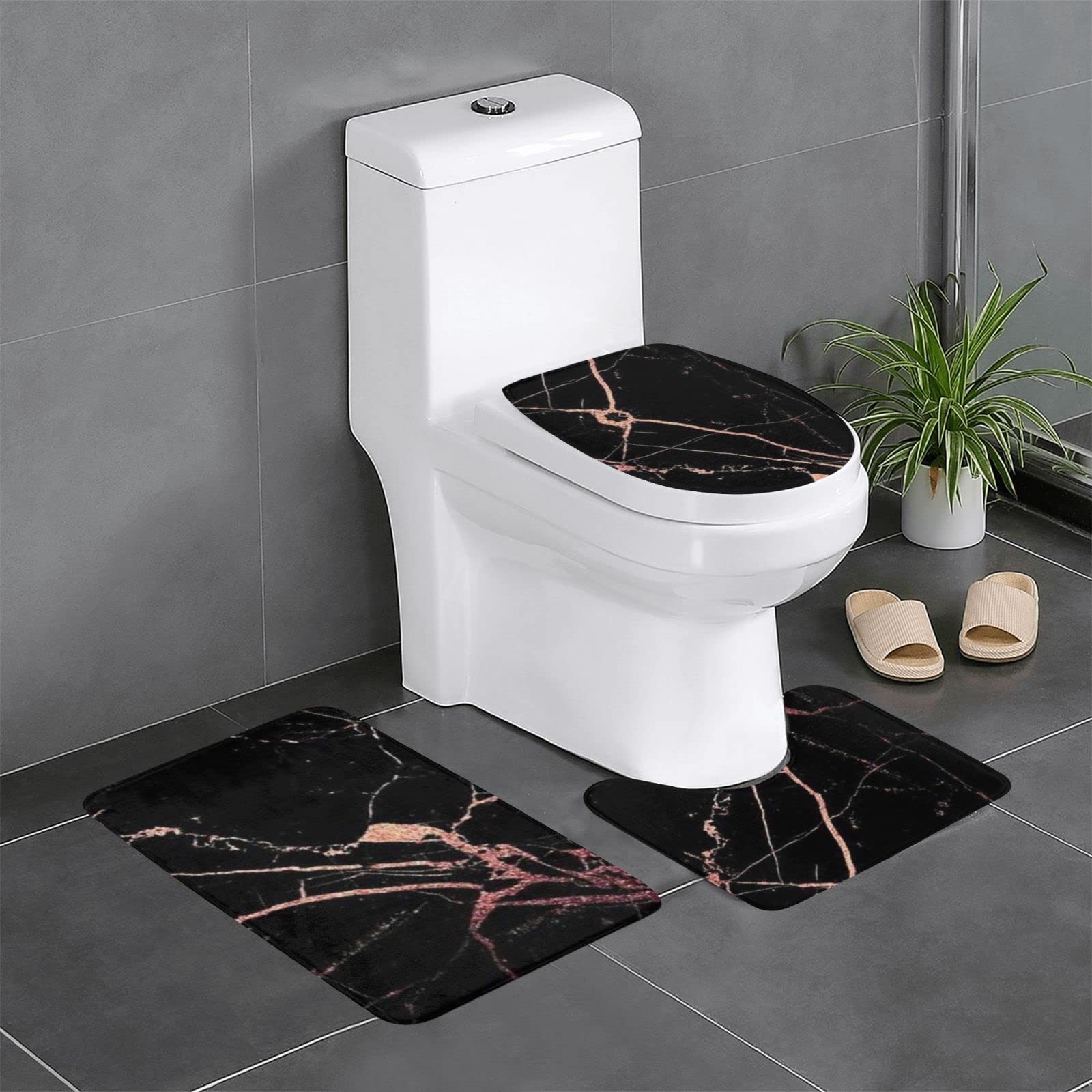 Lot tapis de salle de bain marbre noir anti-glisse confort