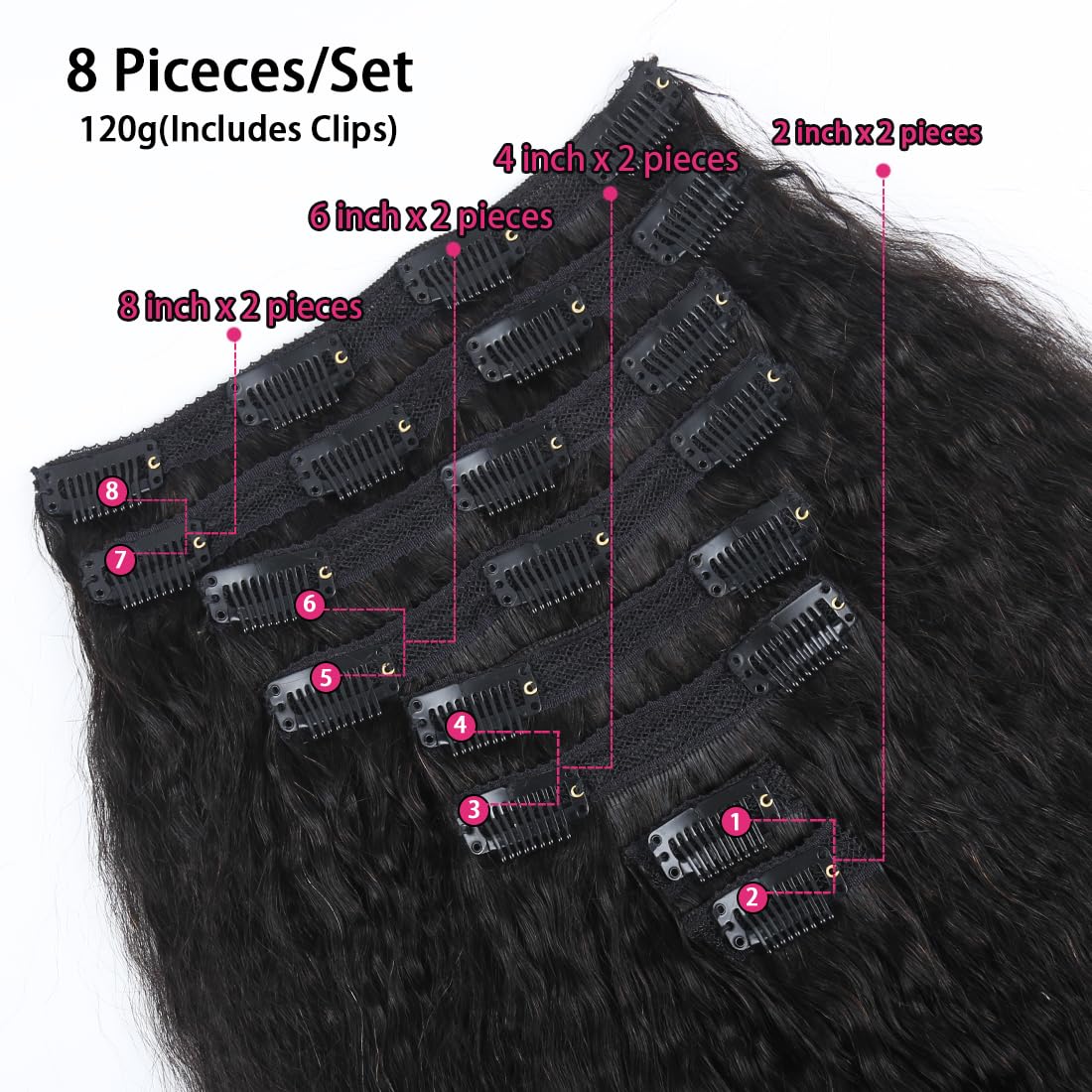 Clip in Hair Extensions Real Human Hair Kinky Straight Human Hair Extensions for Women 20 Inch 8Pcs Clip ins Brazilian Virgin Human Hair Pieces 120g 20 Clips Natural Black - Image 2