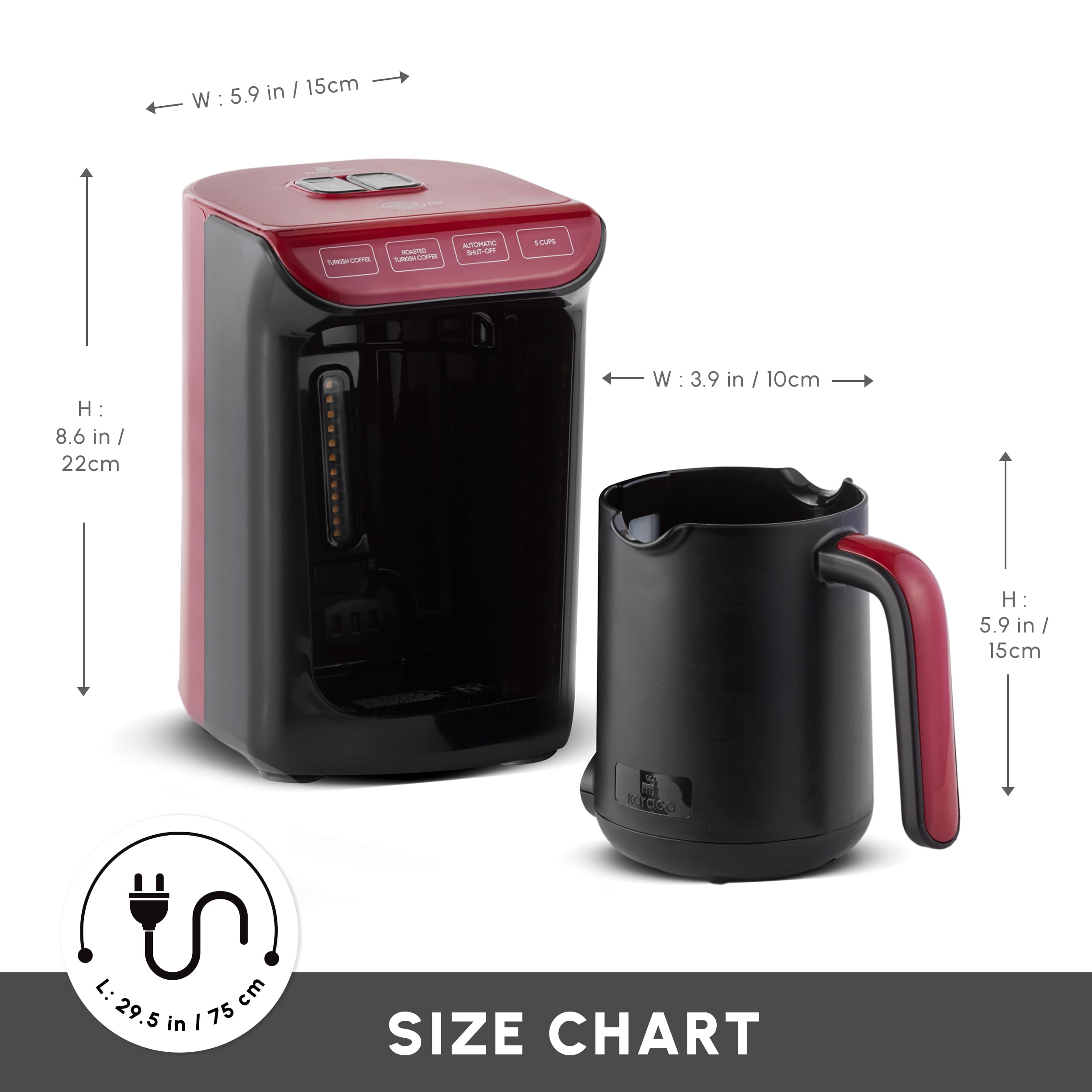 Karaca Hatır Roast turecki ekspres do kawy, czerwony, pojemność 5 filiżanek, duża ilość piany, 535 W, system ostrzegania głosowego, system ostrzegania przed światłem, miarka, łatwe czyszczenie