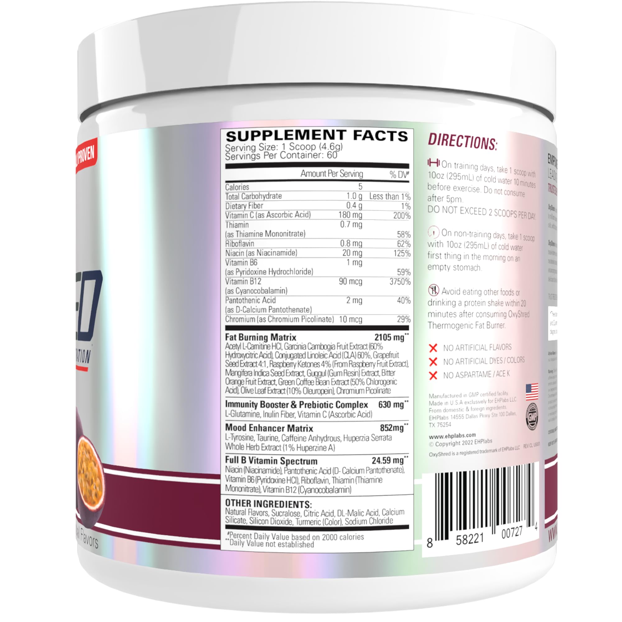 EHP Labs OxyShred Pre Workout Powder & Shredding Supplement - Preworkout Powder with L Glutamine & Acetyl L Carnitine, Energy Boost Drink - Passionfruit, 60 Servings — Amazon image 8