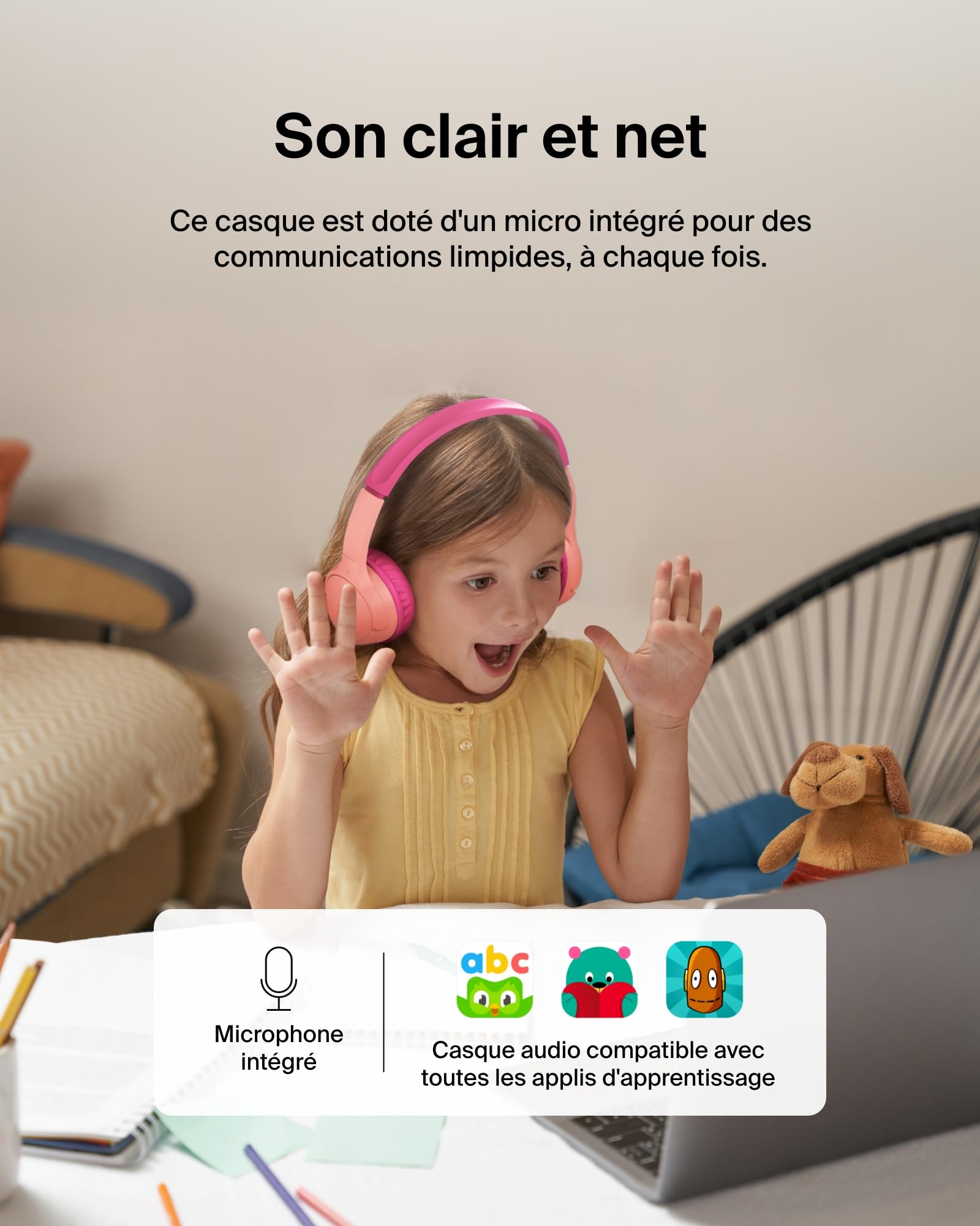 Belkin SoundForm Mini Casque Audio sans Fil pour Enfants avec Micro intégré (Circum-aural, autonomie de 30 h, pour Apprentissage, Voyages, Autocollants Amusants, pour iPhone, iPad, Galaxy) - Rose