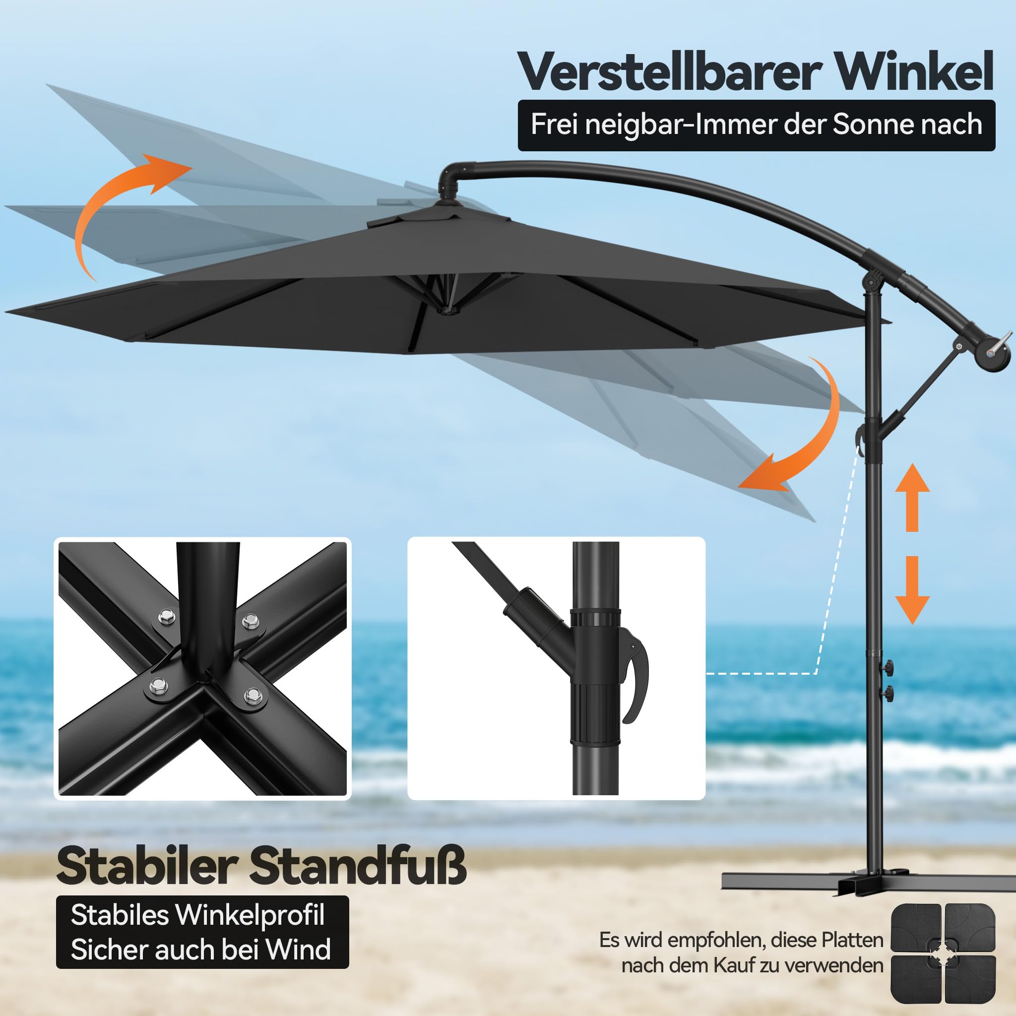Froadp Ampelschirme mit Kurbel Alu Sonnenschirme Höhenverstellbar Balkonschirm UV40+ Sonnenschutz Windfest Gartenschrime Wasserdichte Marktschirm
