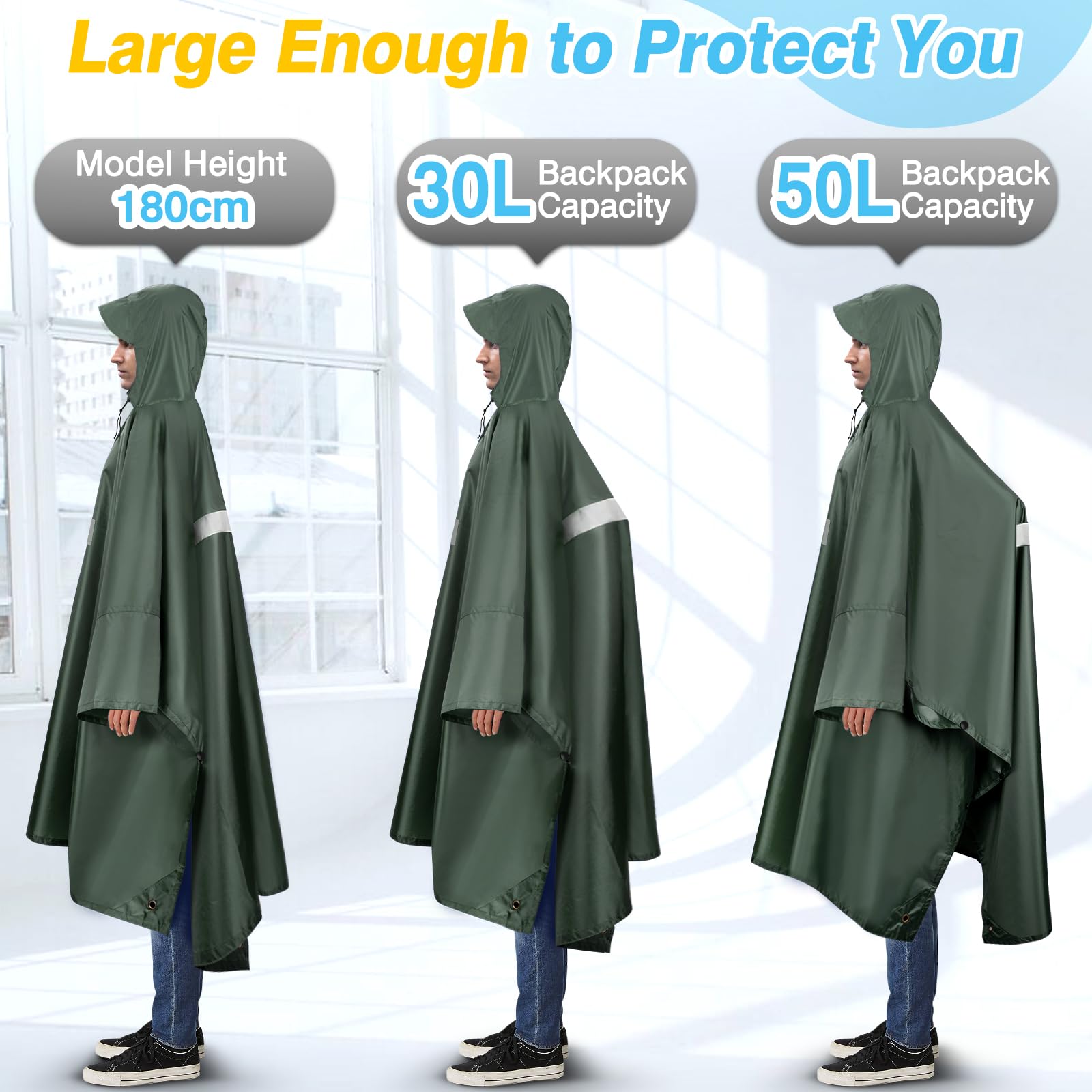 Poncho Pluie Imperméable avec Capuche et Poche Cape de Pluie Réutilisable Poncho Légère Respirant Veste Coupe-Pluie avec Bande Réfléchissante Poncho de Pluie Unisexe pour Randonnée Camping Vélo