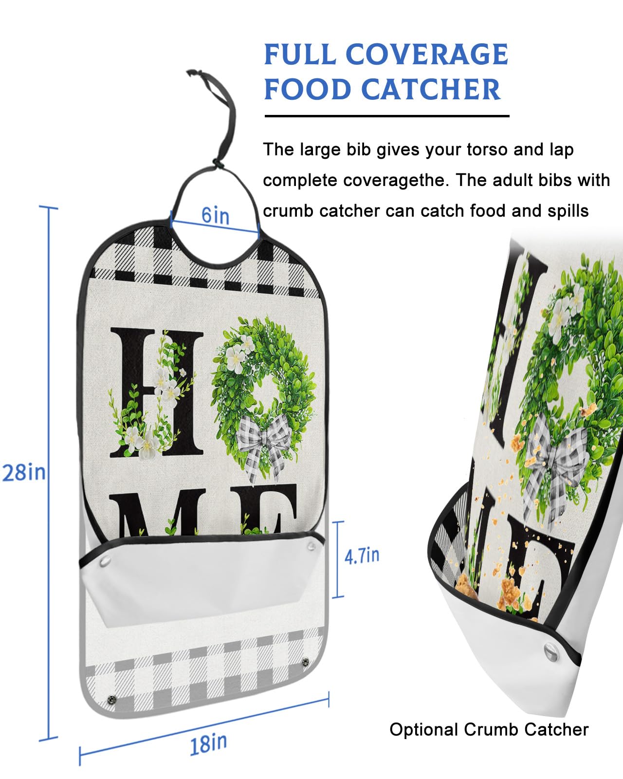 Flower Leave Home Adult Bib for Eating with Crumb Catcher,Washable & Waterproof Terry Cloth Adjustable Elderly Women Men Adult Bibs Funny Apron Clothing Protector Country Rustic Black Grey Plaid