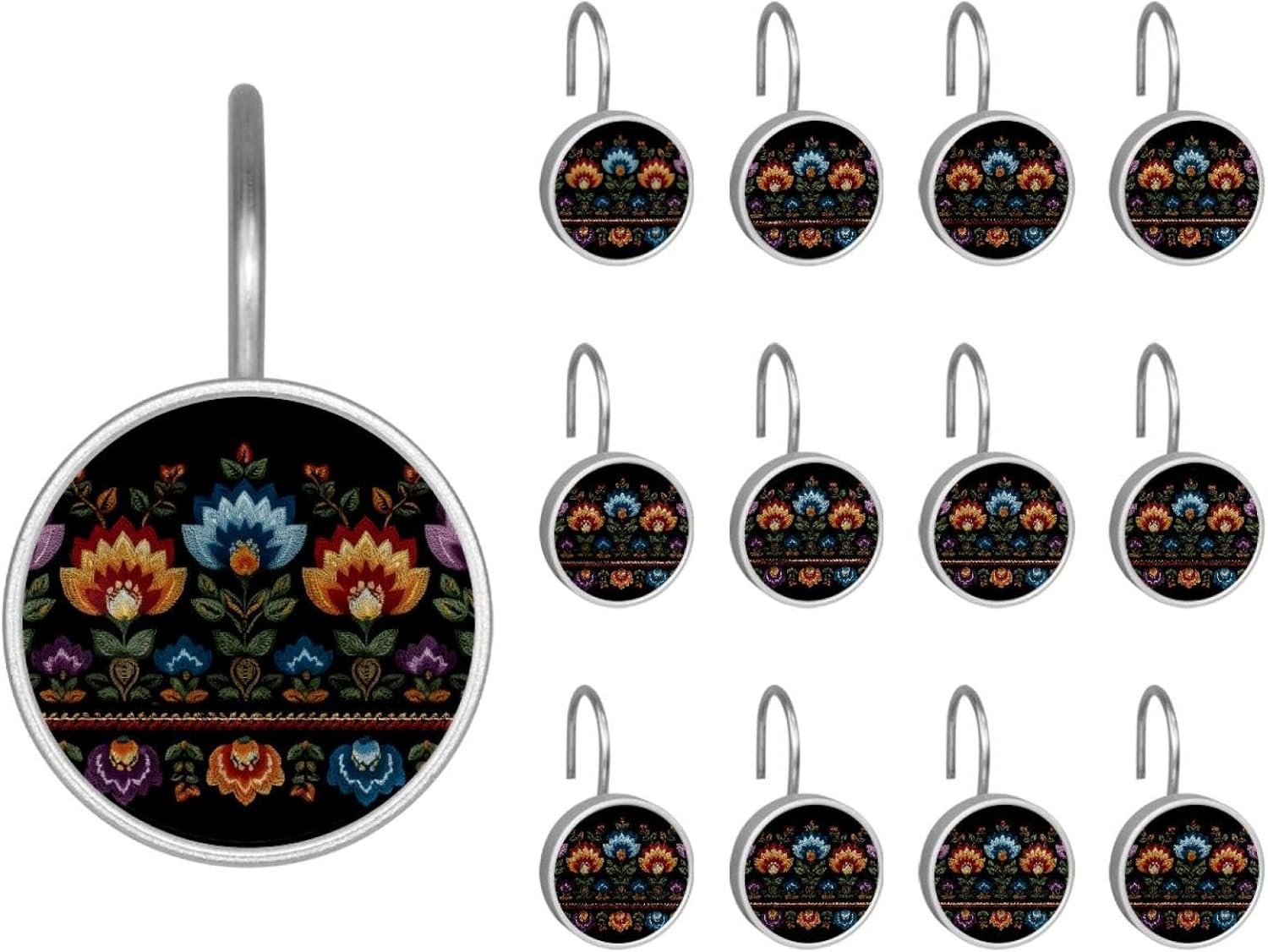 Motifs African Boho Paisley Floral (5) Round Crystal Glass Decorative Shower Curtain Hooks with 3D Pattern Visual, Rust Proof Shower Curtain Rings-12 Pack