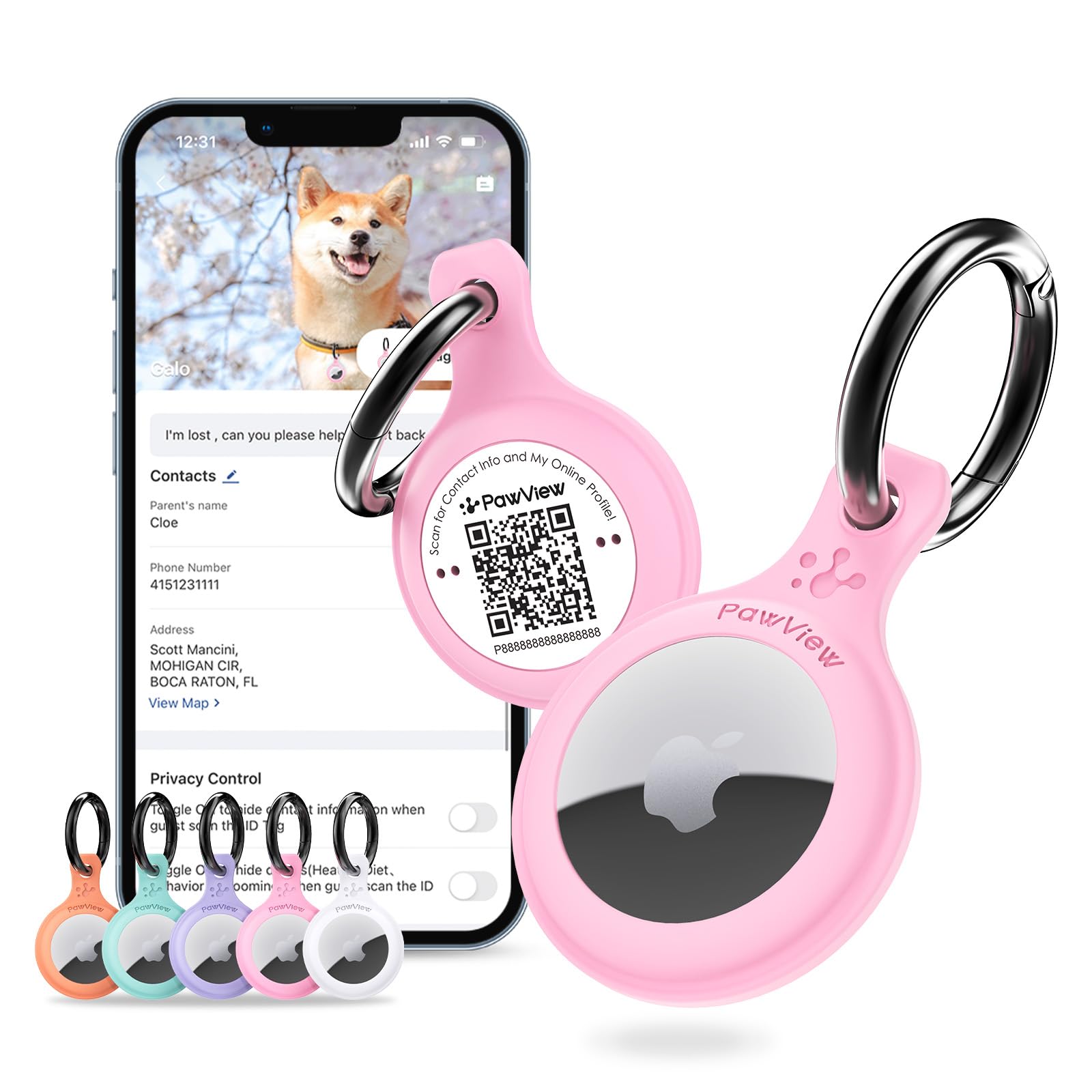AirTag Holder & Collar for Pets. GPS Tag & App with Smart QR ID for Instant Location Pet Profile and Contact Info. Dog Tracker or Cat Tracker (Pink)