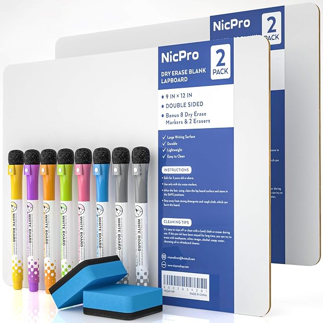 Nicpro 2 Pack Dry Erase Mini Whiteboard A4, 22 x 30 cm Double Sided Lapboard Bulk with 8 Water-Based Pens 2 Eraser Learning Small White Board Portable Drawing Writing for Kid Student and Classroom Use