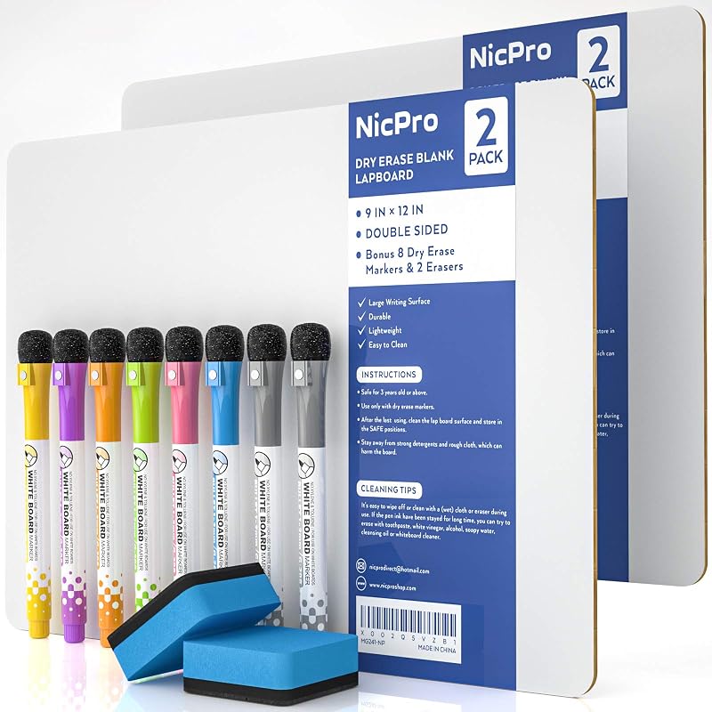 Nicpro Pizarra de borrado en seco de 9.0 x 12.0 in, paquete de 2 portátiles pequeños de doble cara en blanco con 8 bolígrafos, 2 borradores, mini pizarra blanca de aprendizaje portátil para uso de estudiantes y aulas | Lapboard de borrado en seco de doble cara con 8 bolígrafos, 2 borradores, pizarras blancas portátiles para estudiantes, profesores, aulas, suministros para escuela en casa