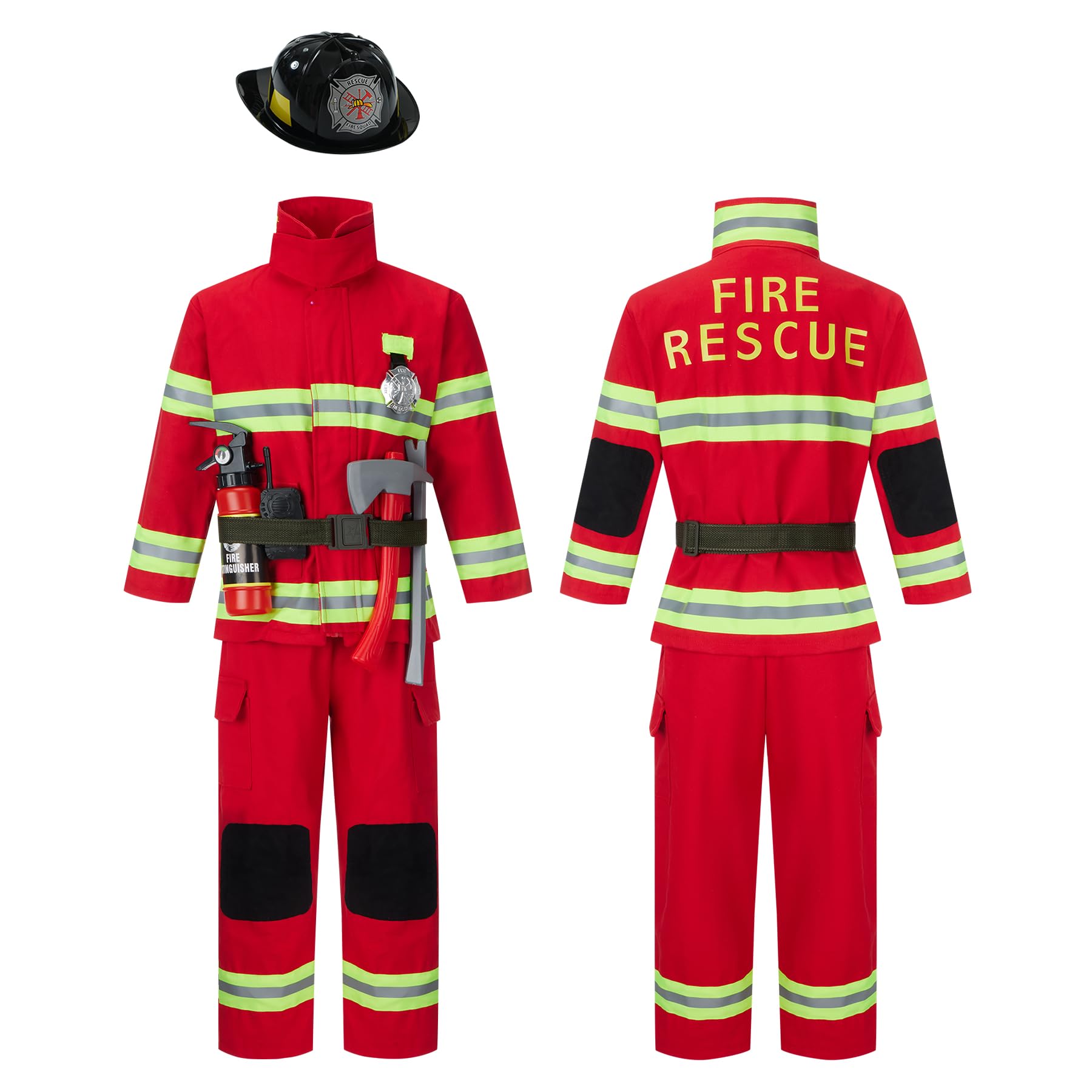 Kosgraiy Firefighter Costume for Kids,Fireman Costume for Boy and Girl,Kids Halloween Fire Pretend Chief Outfit,9pcs