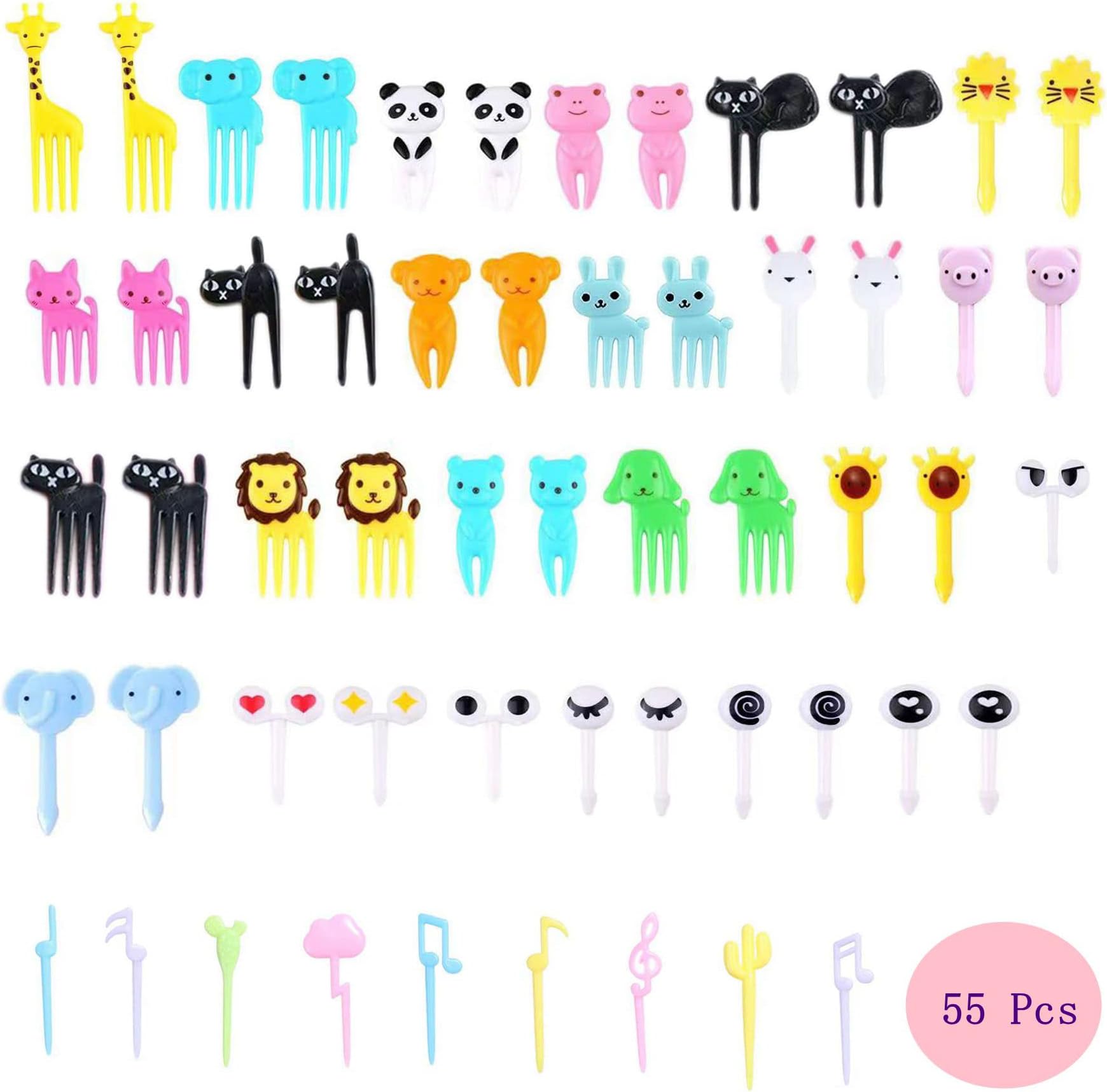 55 Pcs Fruit Forks Children Animals Picks Plastic Fruit Mini Bento Accessories for Cake Dessert (Random)