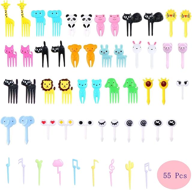 55 Pcs Plastic Fruit Fork with Animal Decor, Cute Food Picks for Cake Dessert Fruit-Platter, Reusable Mini Toothpick Bento Box Party Supply Lunch Accessories (Random Style)