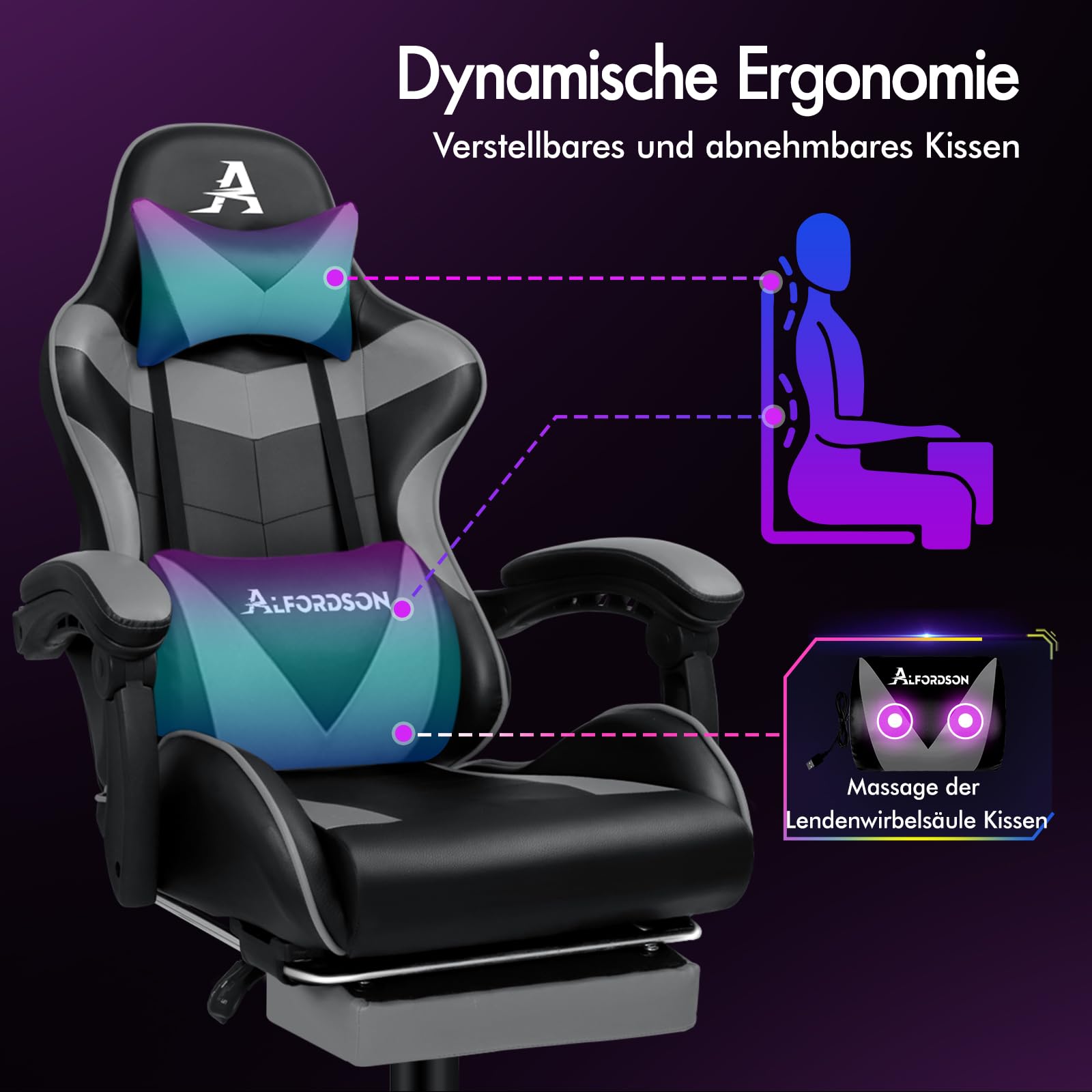 ALFORDSON Gaming Stuhl Massage Gamer Sessel, ergonomischer Bürostuhl, Schreibtischstuhl, Neigungswinkel 150°, höhenverstellbarer Computerstuhl, 180 kg bis, Einziehbare Fußstütze, PU-Leder, Grau