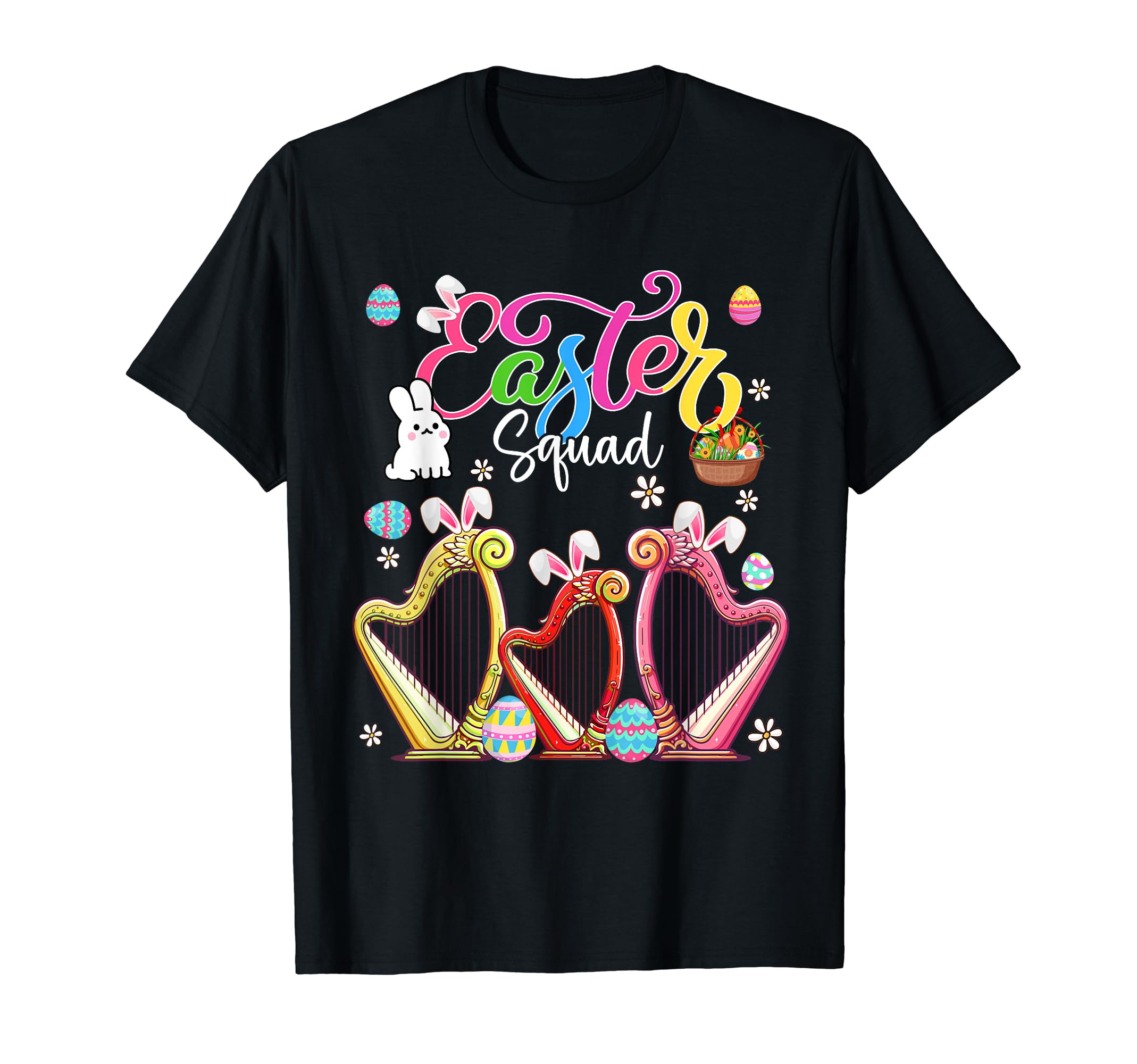 Musical, Musician Easter Day CostumeEaster Squad Three Cute Bunny Harps Instrument Egg Basket T-Shirt