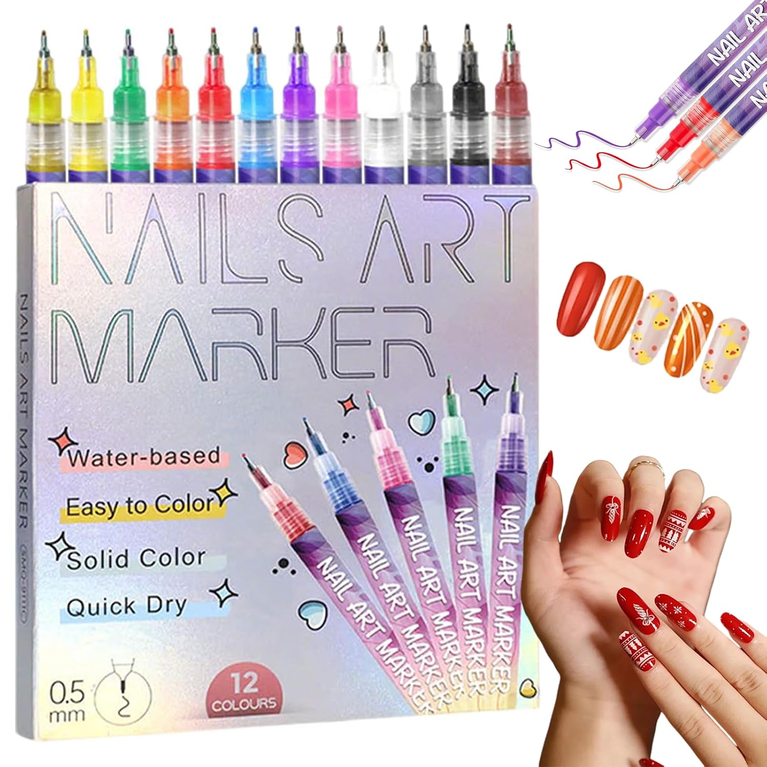 12 Colors Nail Art Pens Set - Fine Tip Markers for DIY